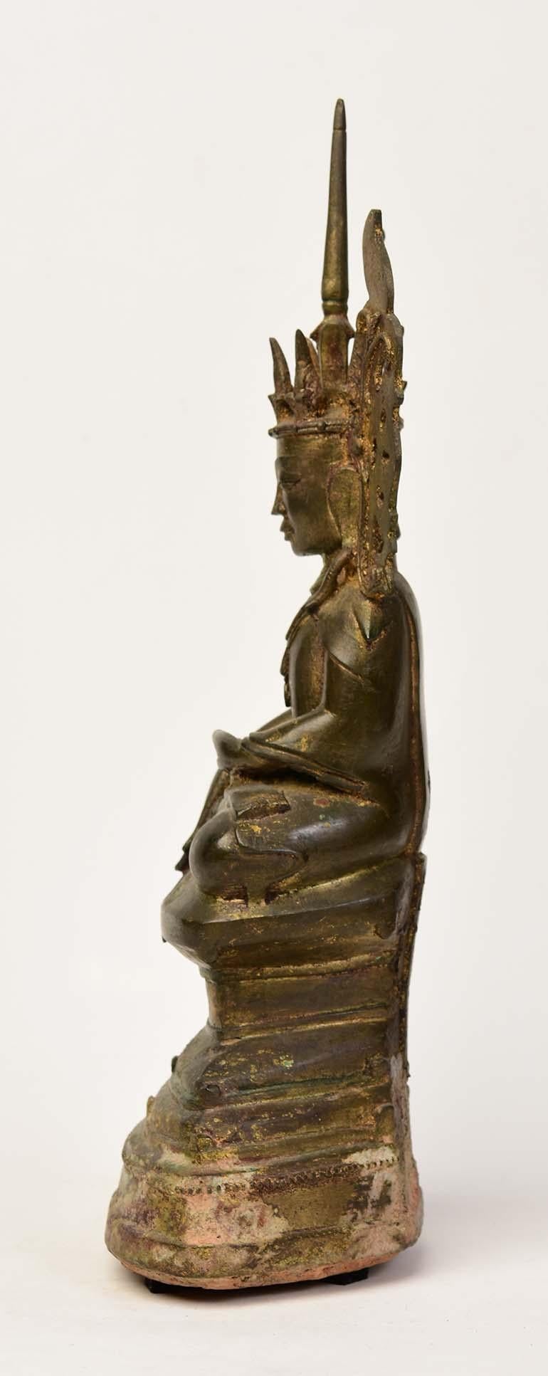 17th Century, Shan, Antique Burmese Bronze Seated Crowned Buddha 3