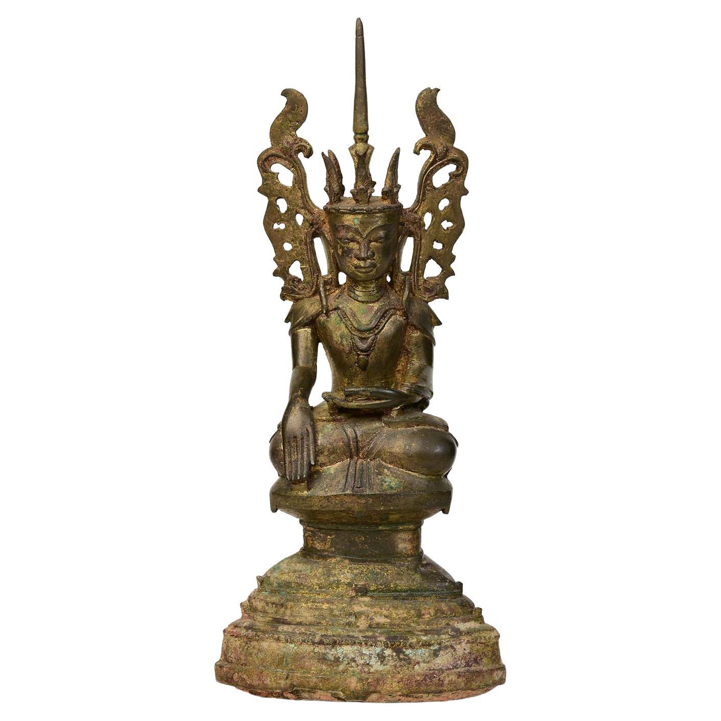 17th Century, Shan, Antique Burmese Bronze Seated Crowned Buddha