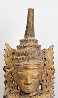 17th Century, Shan, Antique Burmese Wooden King Crowned Seated Buddha