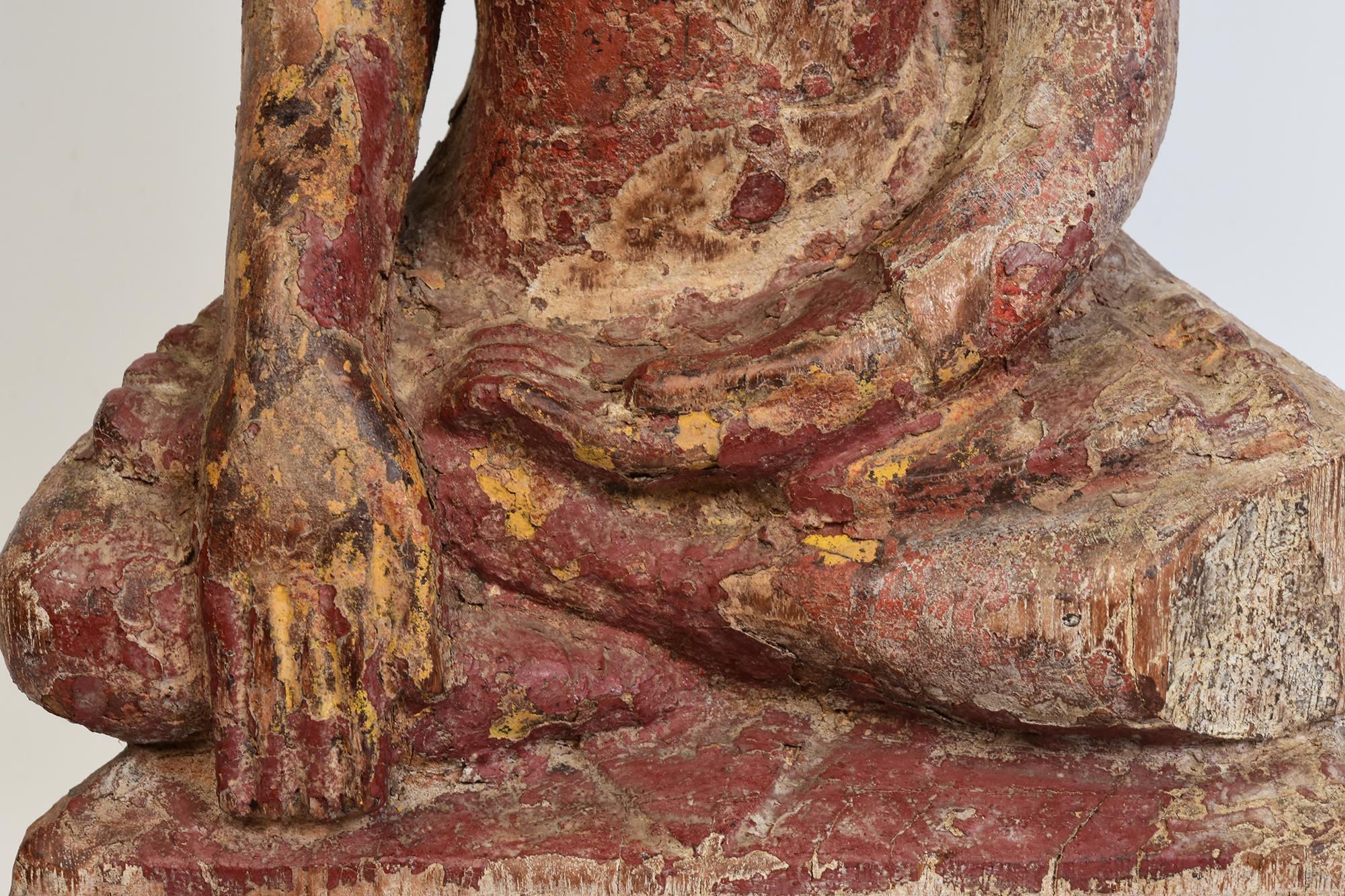 17th Century, Shan, Antique Burmese Wooden Seated Buddha In Fair Condition For Sale In Sampantawong, TH