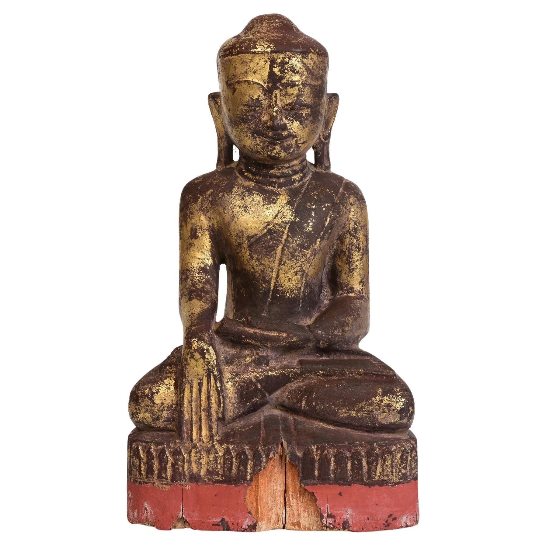 17th Century, Shan, Antique Burmese Wooden Seated Lotus Buddha For Sale