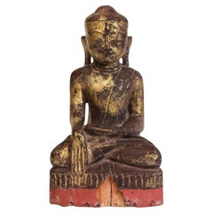 17th Century, Shan, Antique Burmese Wooden Seated Lotus Buddha