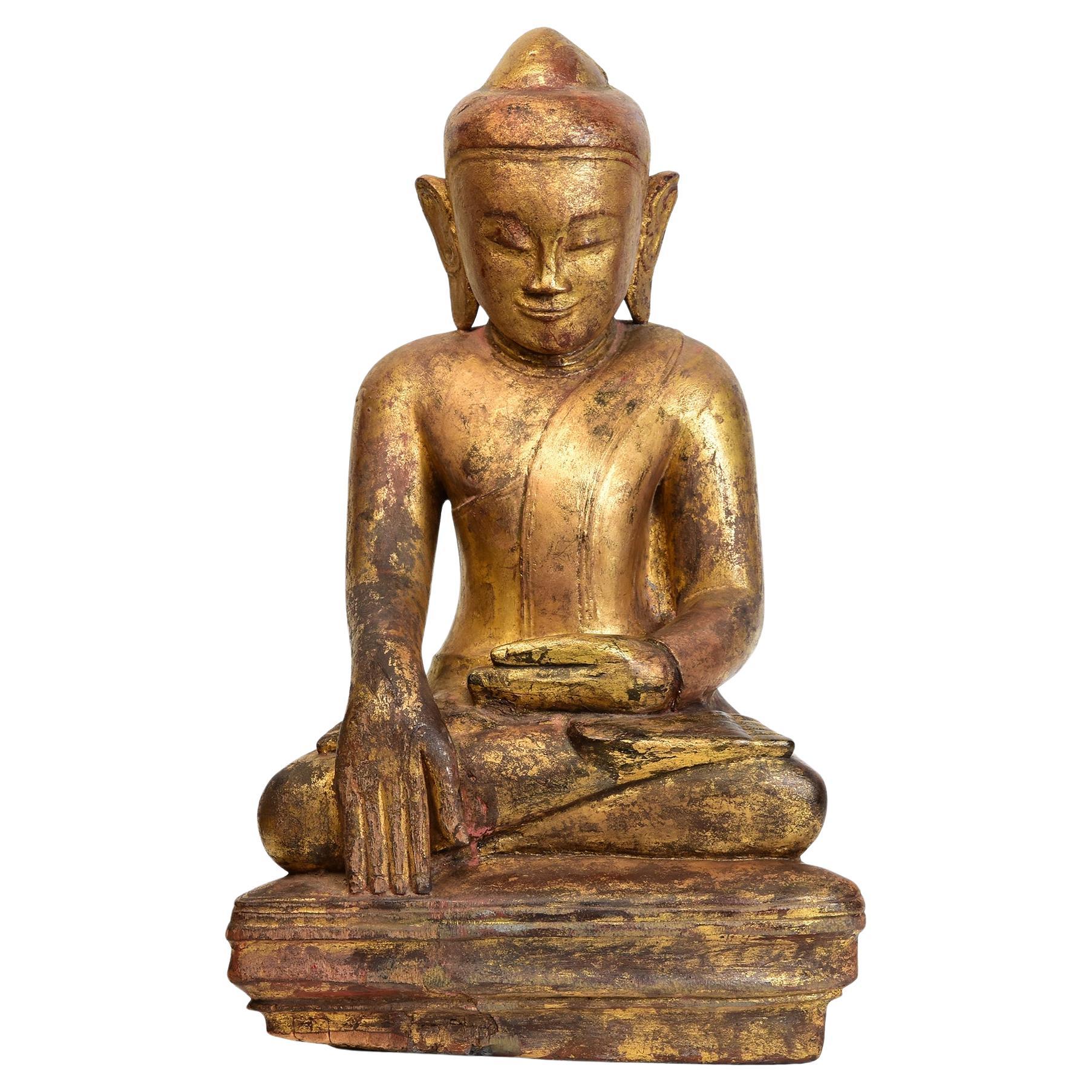 17th Century, Shan, Antique Burmese Wooden Seated Buddha