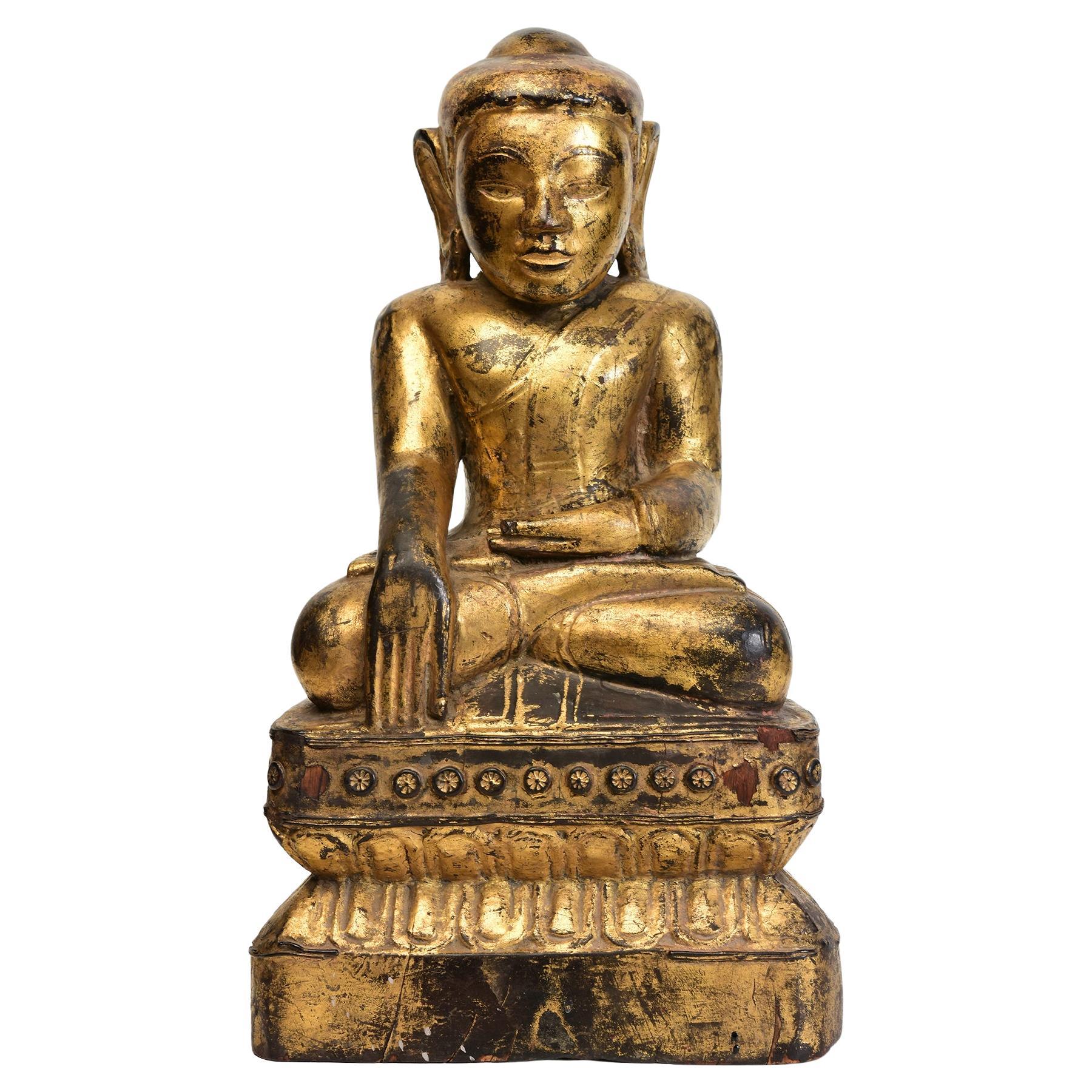17th Century, Shan, Antique Burmese Wooden Seated Buddha with Gilded Gold