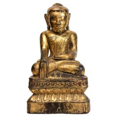 17th Century, Shan, Antique Burmese Wooden Seated Buddha with Gilded Gold