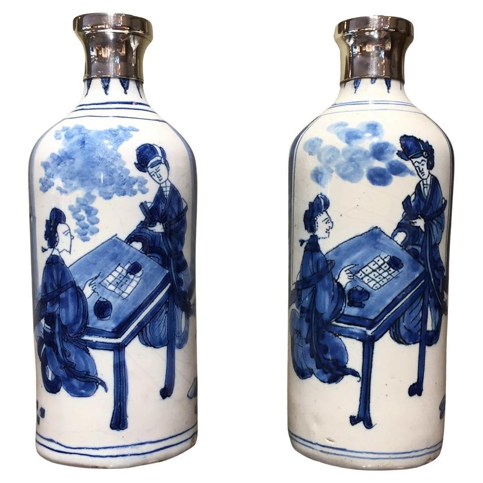 17th century silver mounted Delft vases with decor of Chinese figures playing Go For Sale