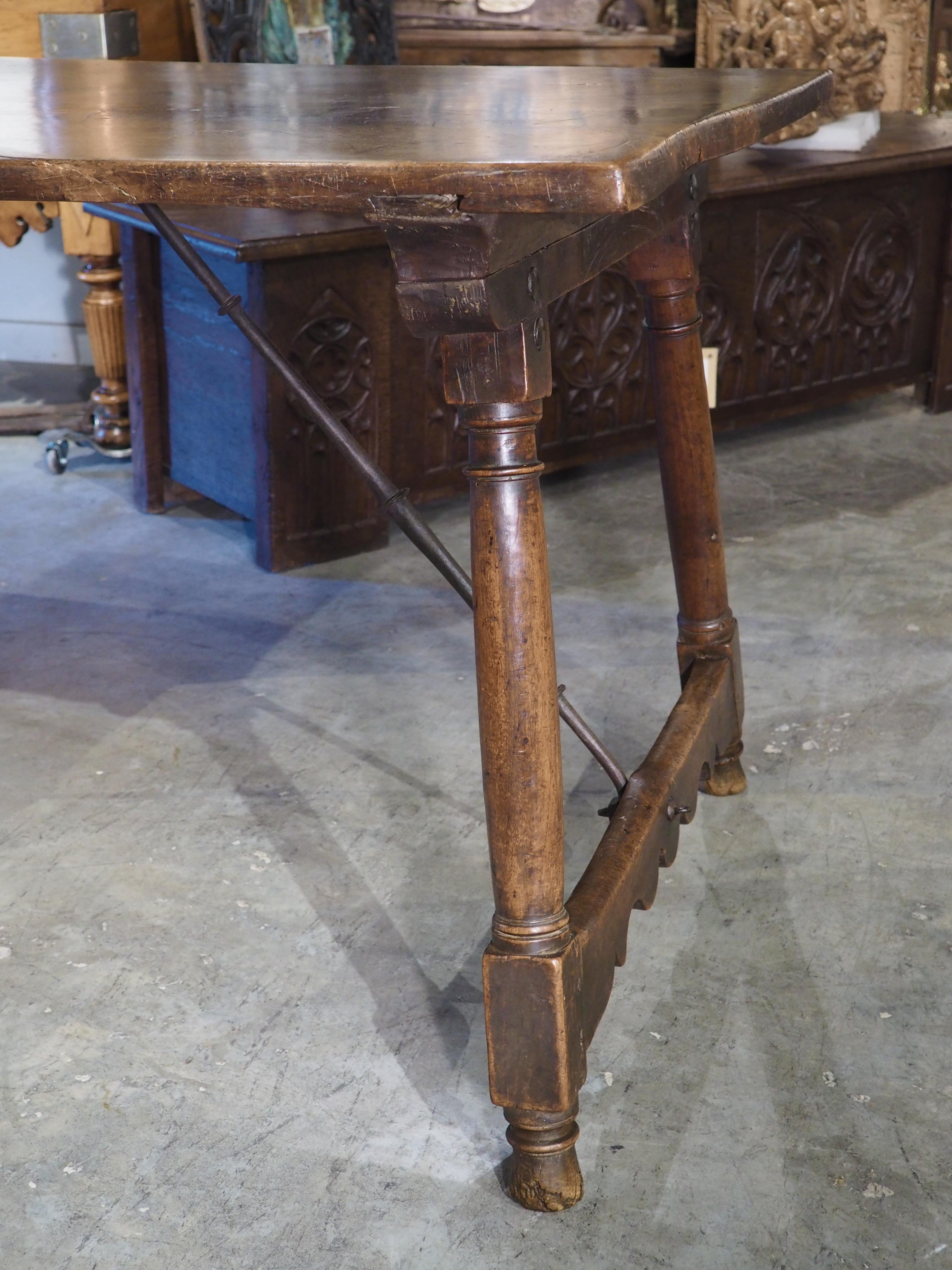 17th Century Single Walnut Plank Spanish Table with Iron Stretchers 6