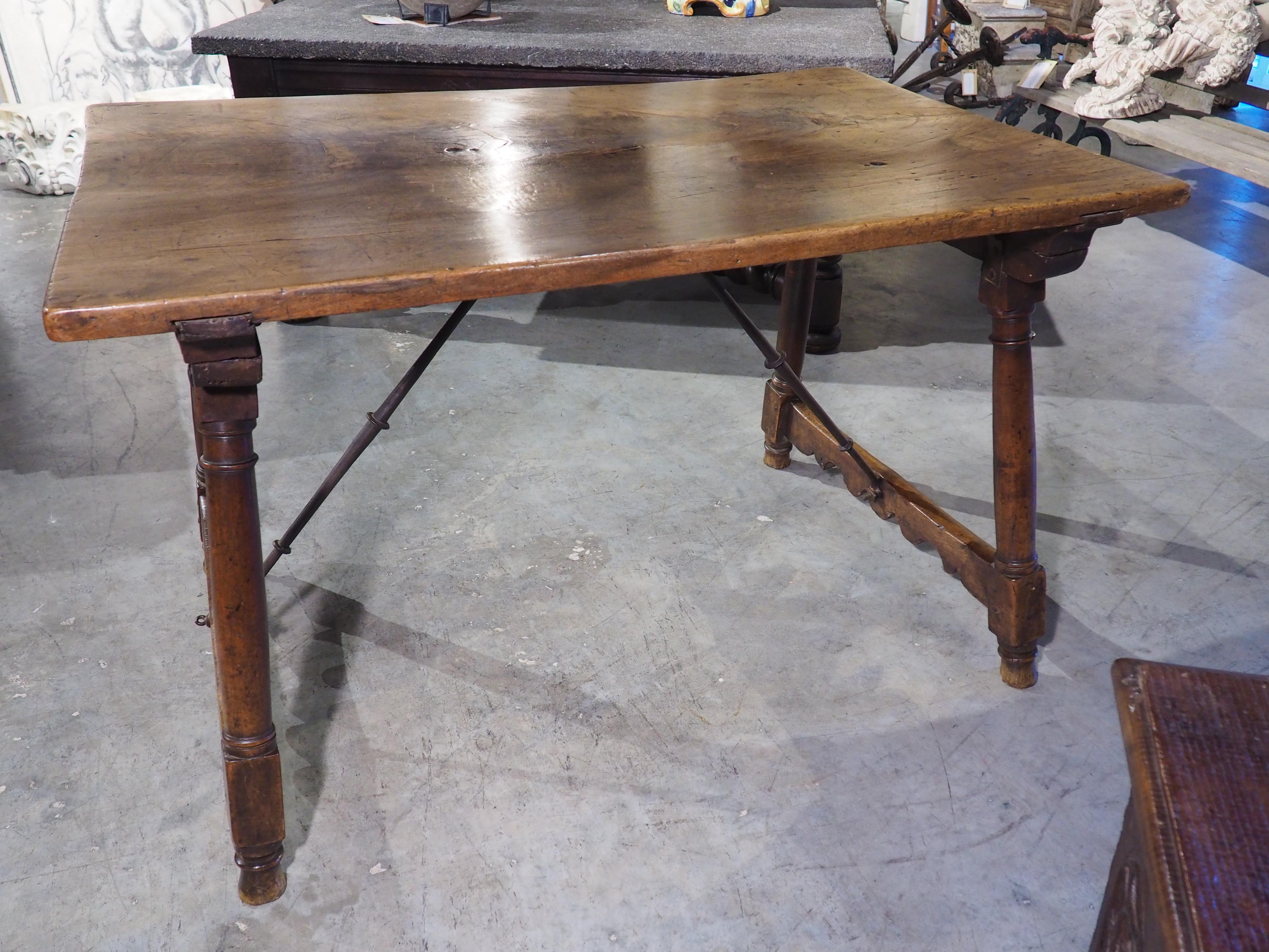 Hand-Carved 17th Century Single Walnut Plank Spanish Table with Iron Stretchers