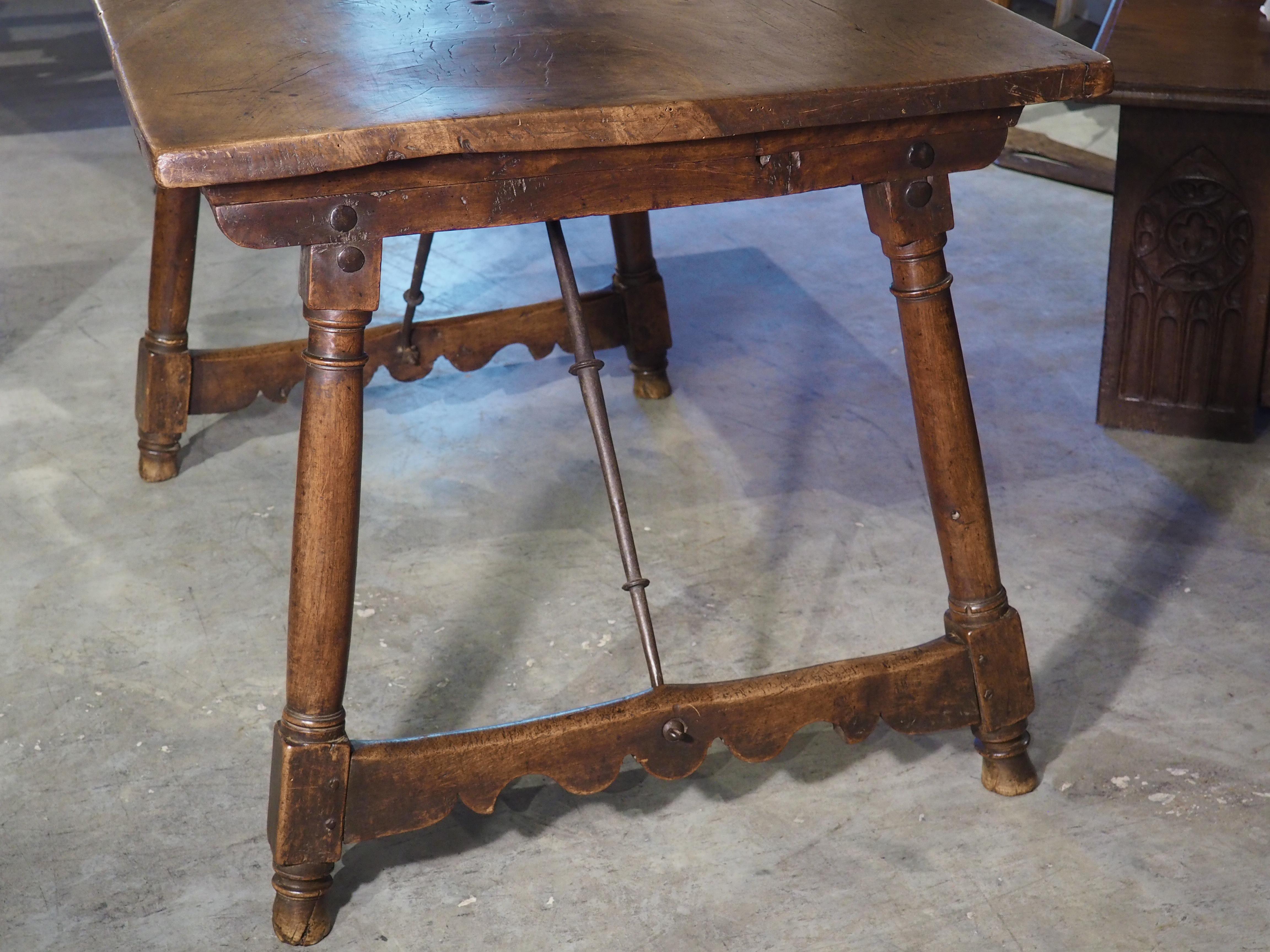 17th Century Single Walnut Plank Spanish Table with Iron Stretchers 1