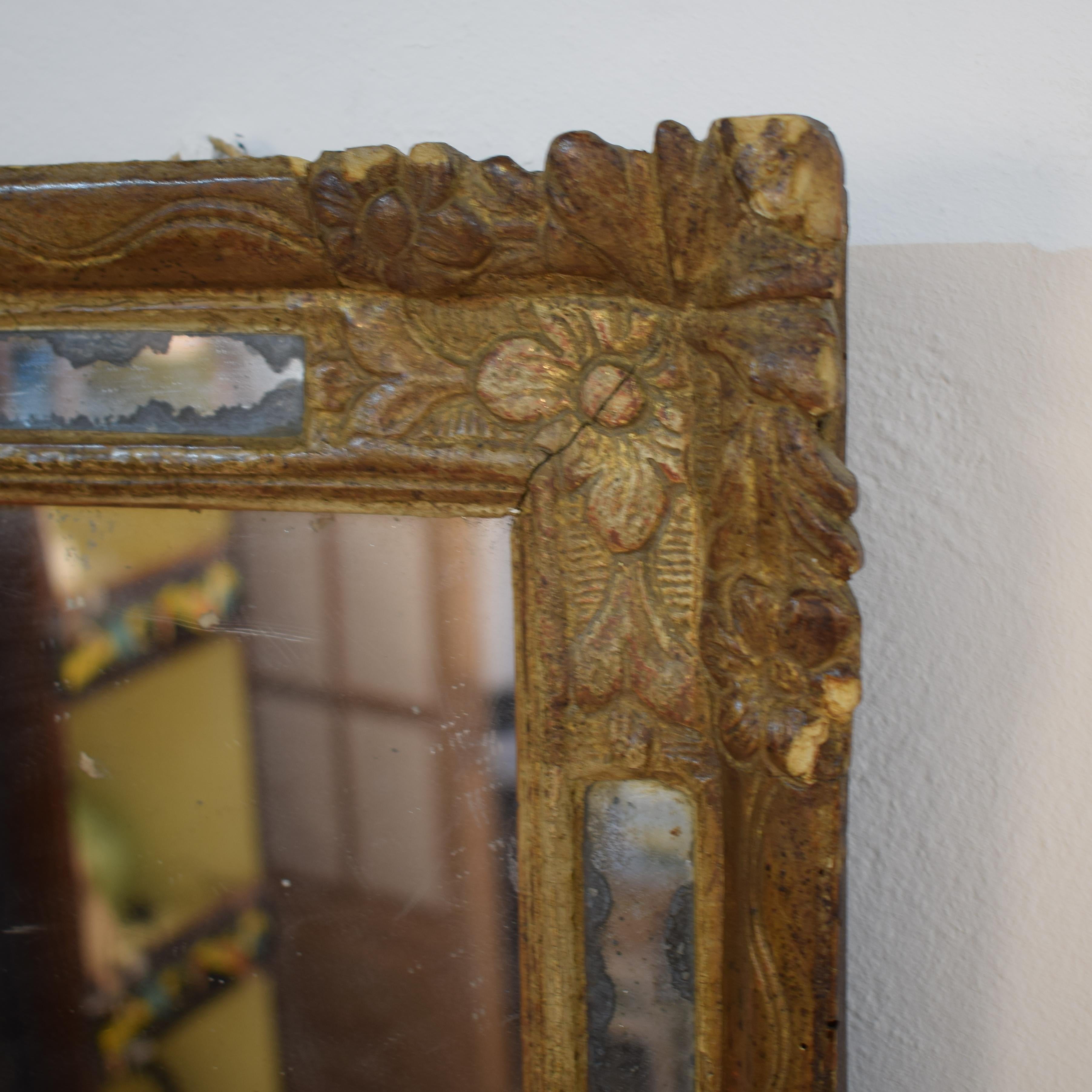Hand-Carved 17th Century Small Spanish Baroque Mirror, Carved and Gilded, circa 1670