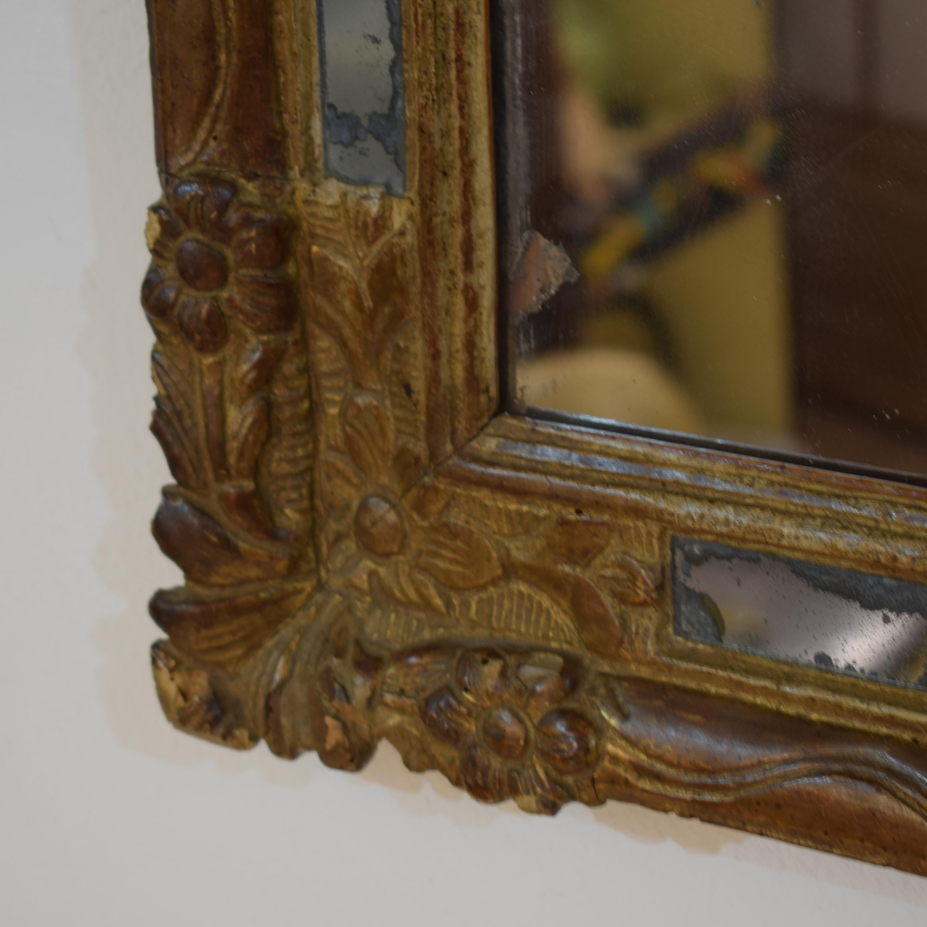 Wood 17th Century Small Spanish Baroque Mirror, Carved and Gilded, circa 1670