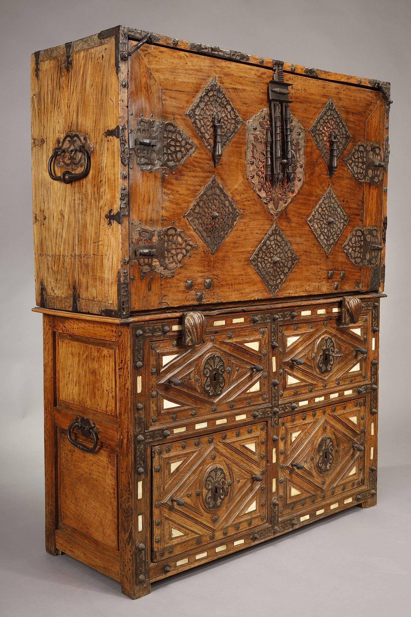 Baroque 17th Century Spanish Bargueno and Taquillon in Walnut and Bone Marquetry