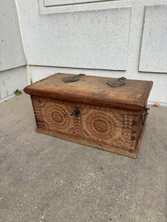 17th Century Spanish Baroque Carved Oak and Iron Chest With Original Key
