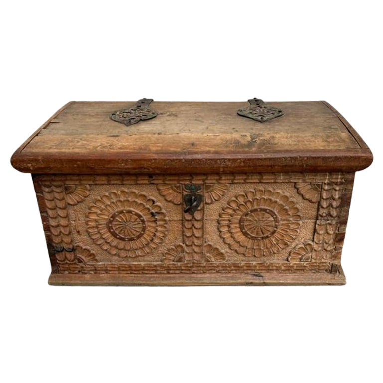 17th Century Spanish Baroque Carved Oak and Iron Chest With Original Key