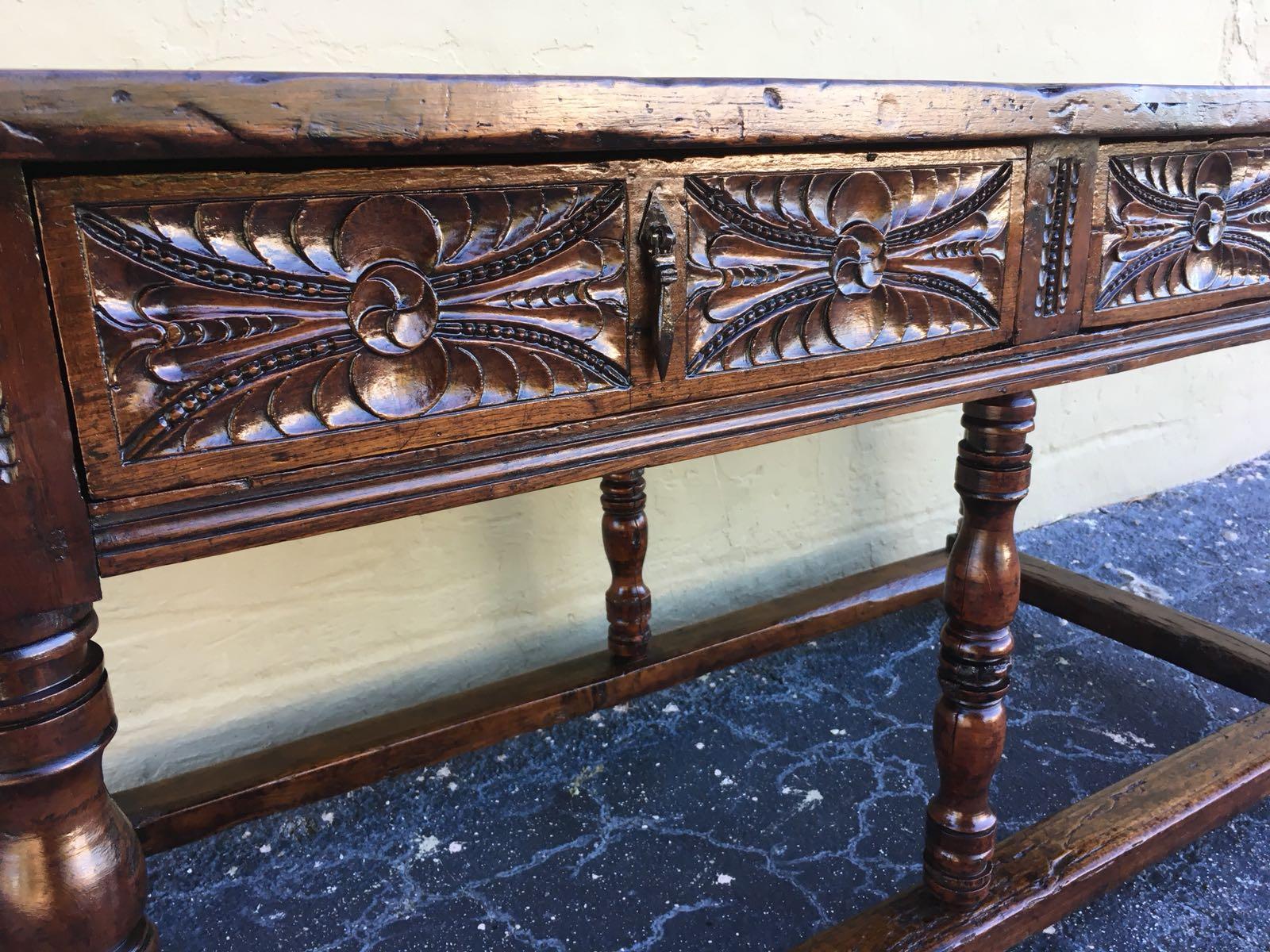 17th Century Spanish Baroque Carved Walnut, Refectory Console Table, Masterpiece 6