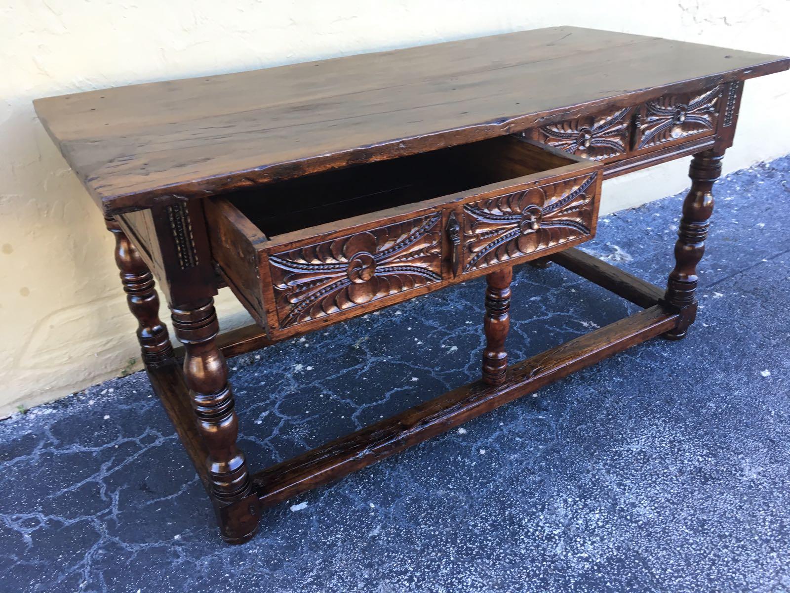 17th Century Spanish Baroque Carved Walnut, Refectory Console Table, Masterpiece 7