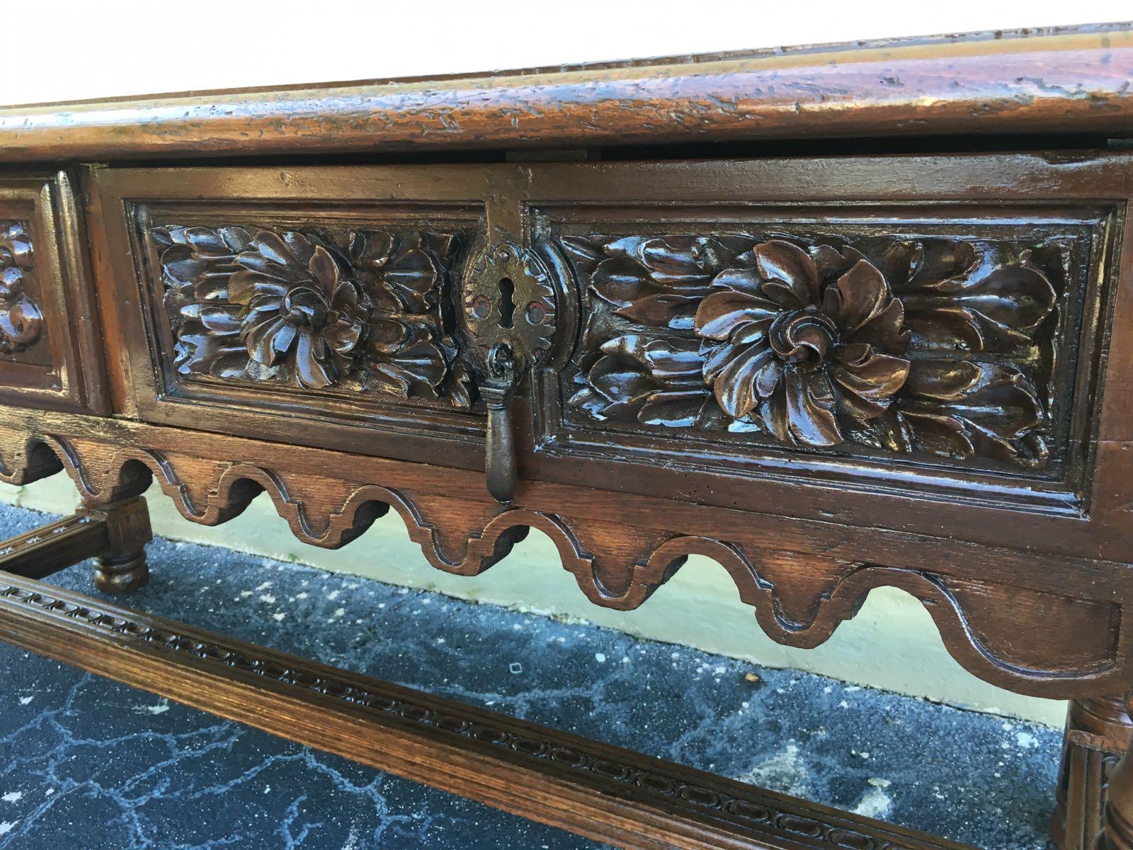 17th Century Spanish Baroque Carved Walnut, Refectory Console Table, Masterpiece 10