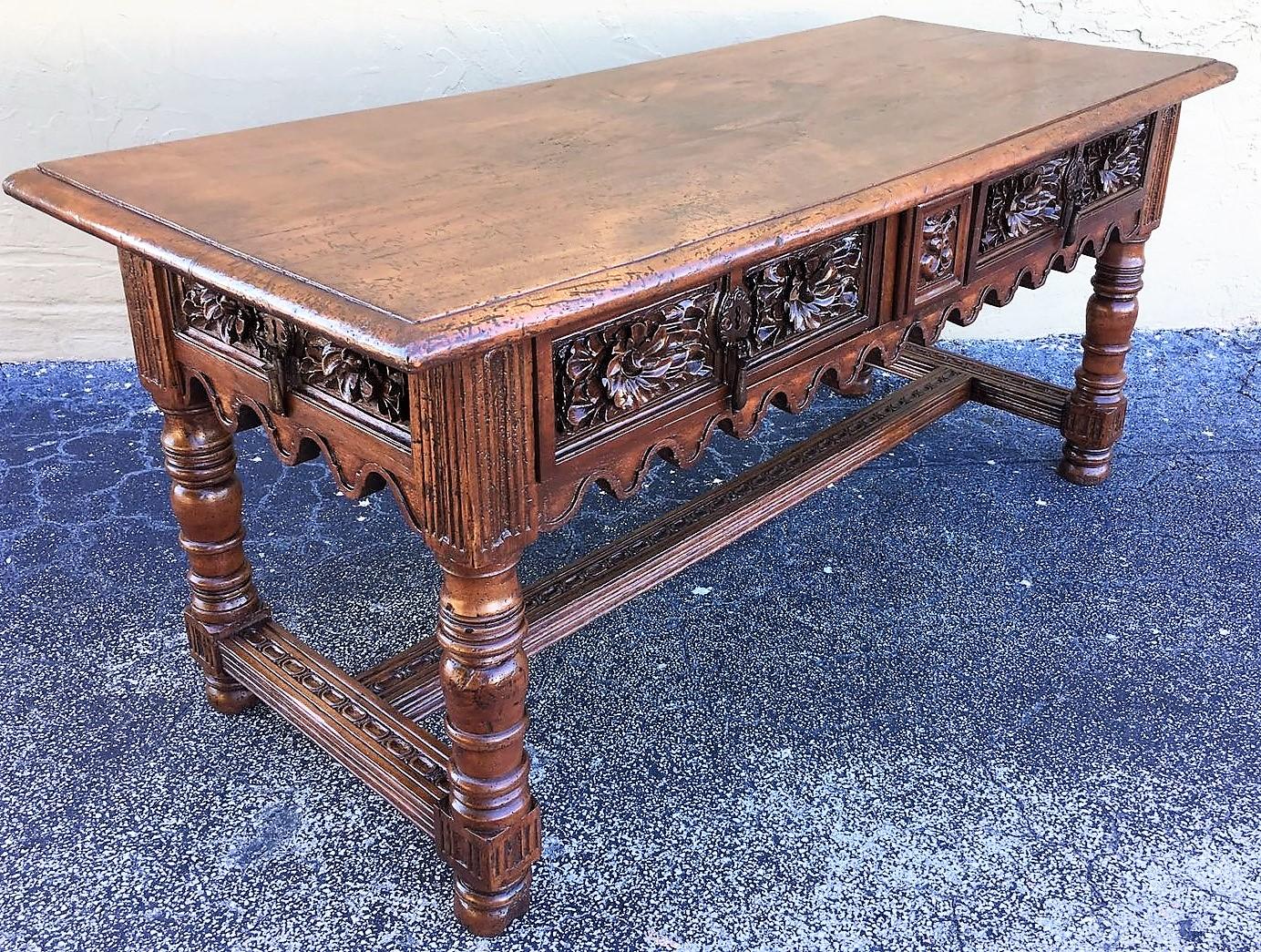 Hand-Carved 17th Century Spanish Baroque Carved Walnut, Refectory Console Table, Masterpiece