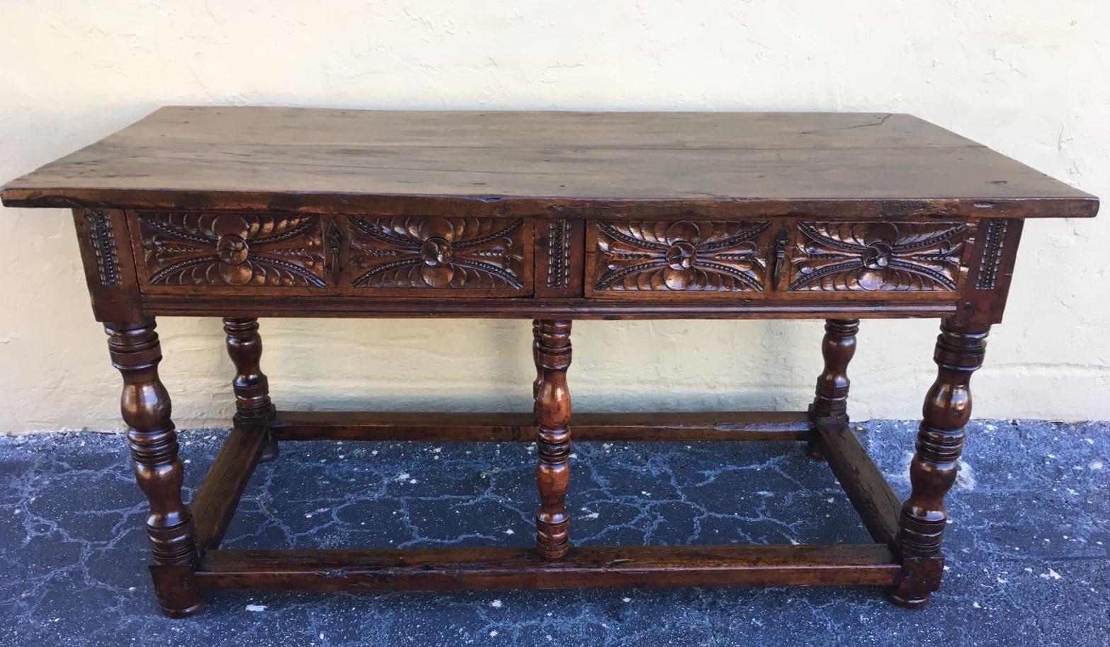 17th Century Spanish Baroque Carved Walnut, Refectory Console Table, Masterpiece 1