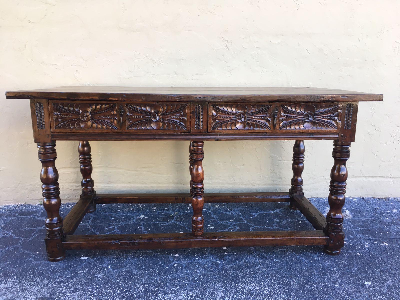 17th Century Spanish Baroque Carved Walnut, Refectory Console Table, Masterpiece 2