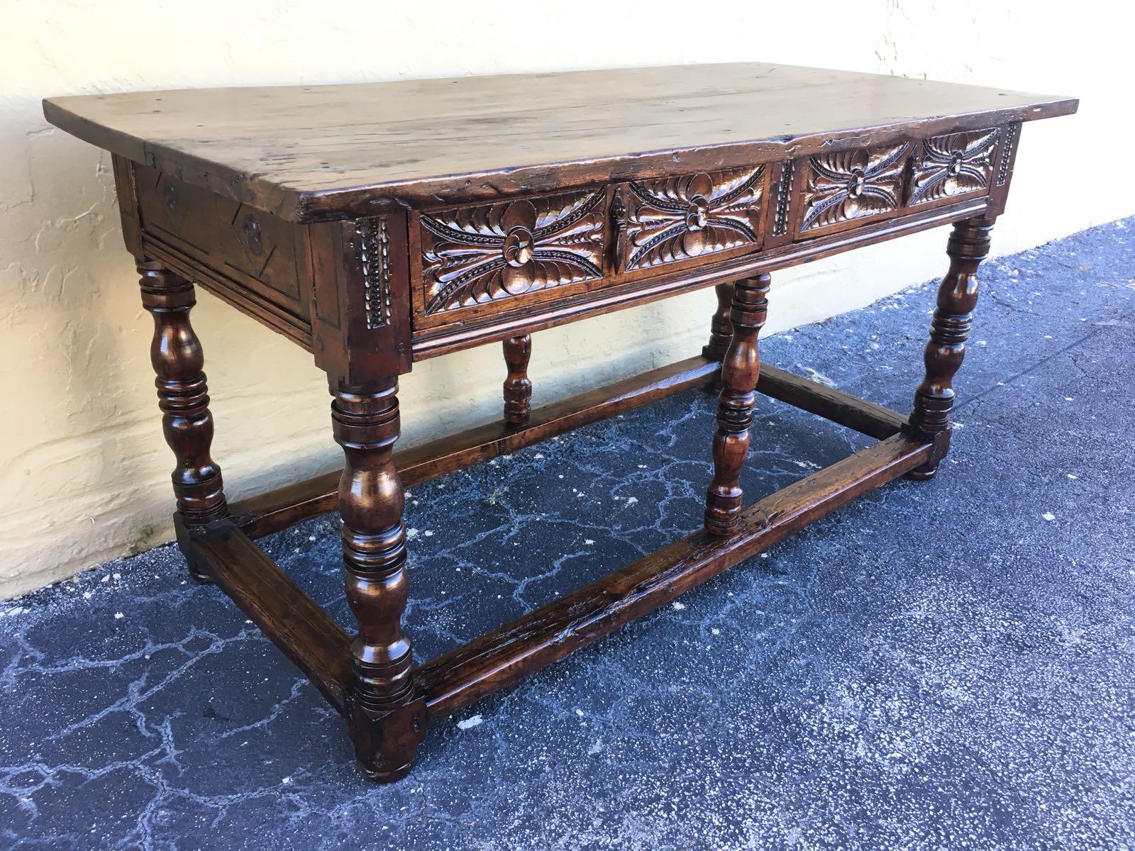 17th Century Spanish Baroque Carved Walnut, Refectory Console Table, Masterpiece 3