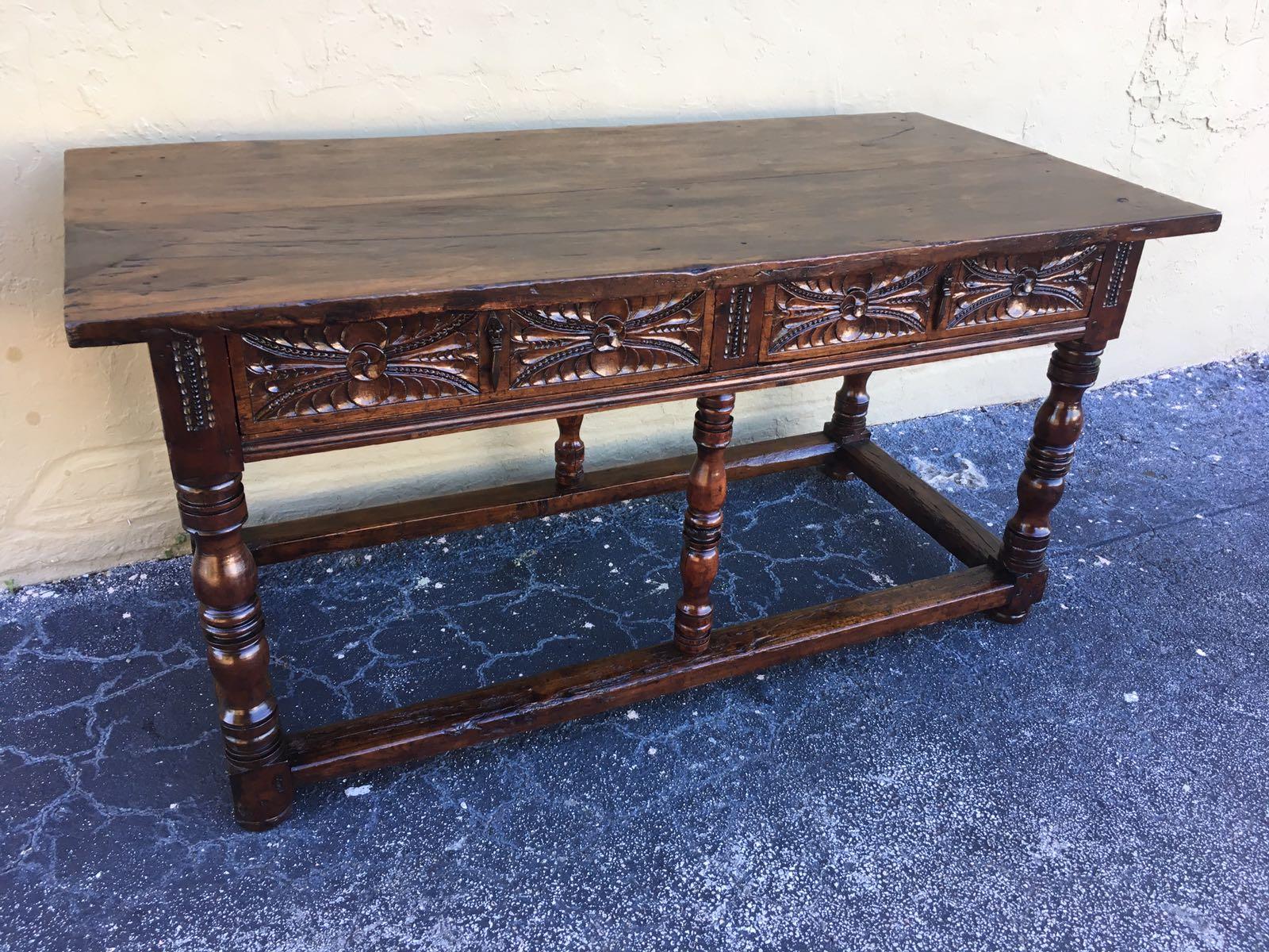 17th Century Spanish Baroque Carved Walnut, Refectory Console Table, Masterpiece 4