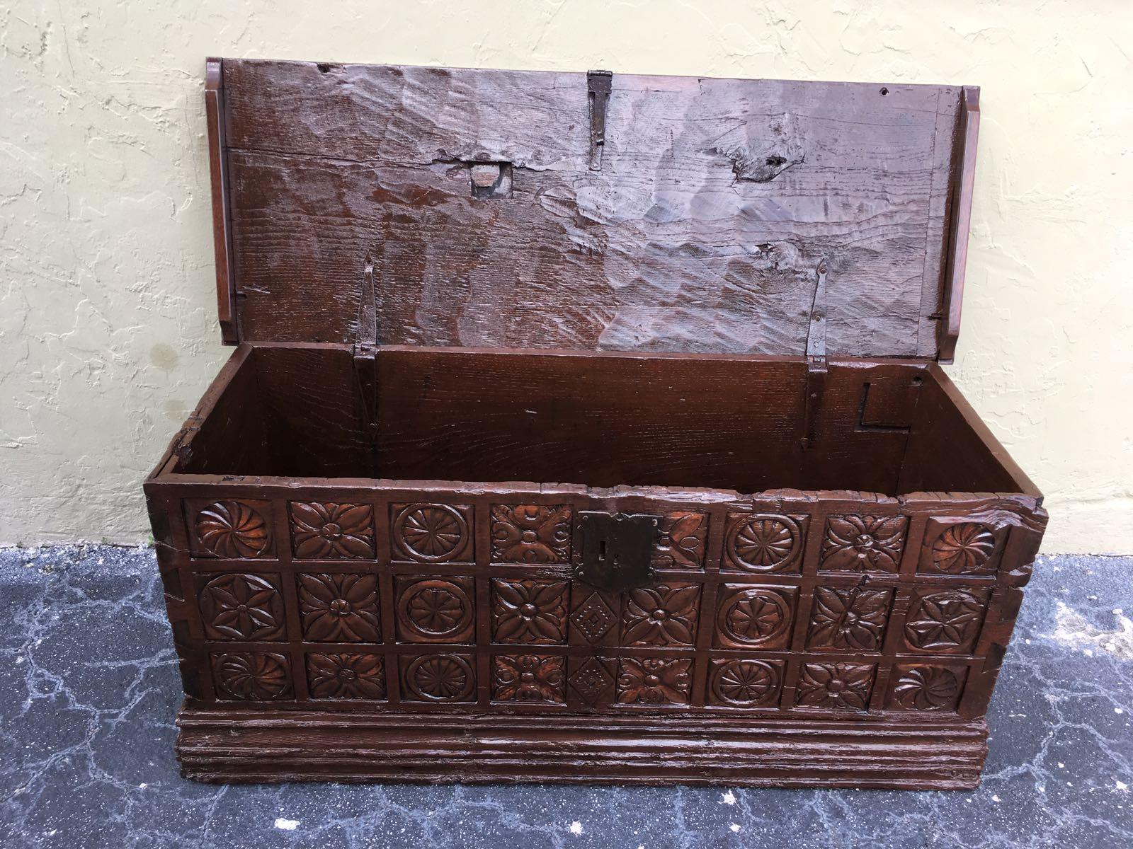 17th Century Spanish Baroque Savoy Hand Carved Chest Trunk For Sale 4