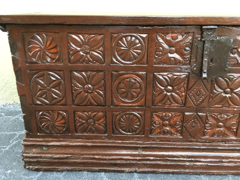 17th Century Spanish Baroque Savoy Hand Carved Chest Trunk For Sale 8