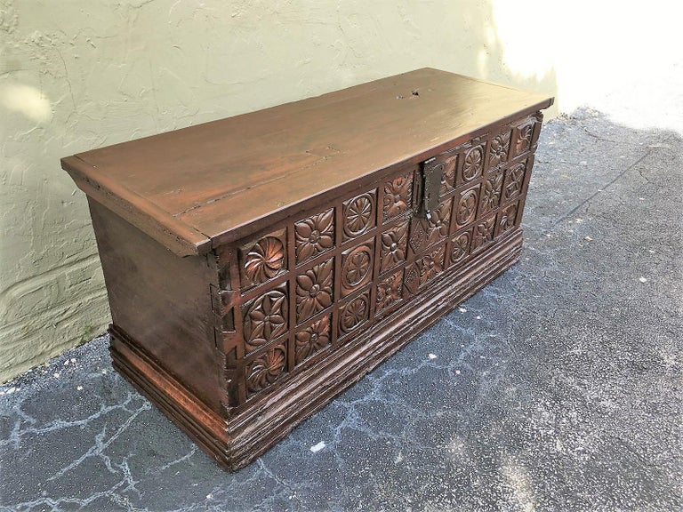 17th Century Spanish Baroque Savoy Hand Carved Chest Trunk For Sale 2