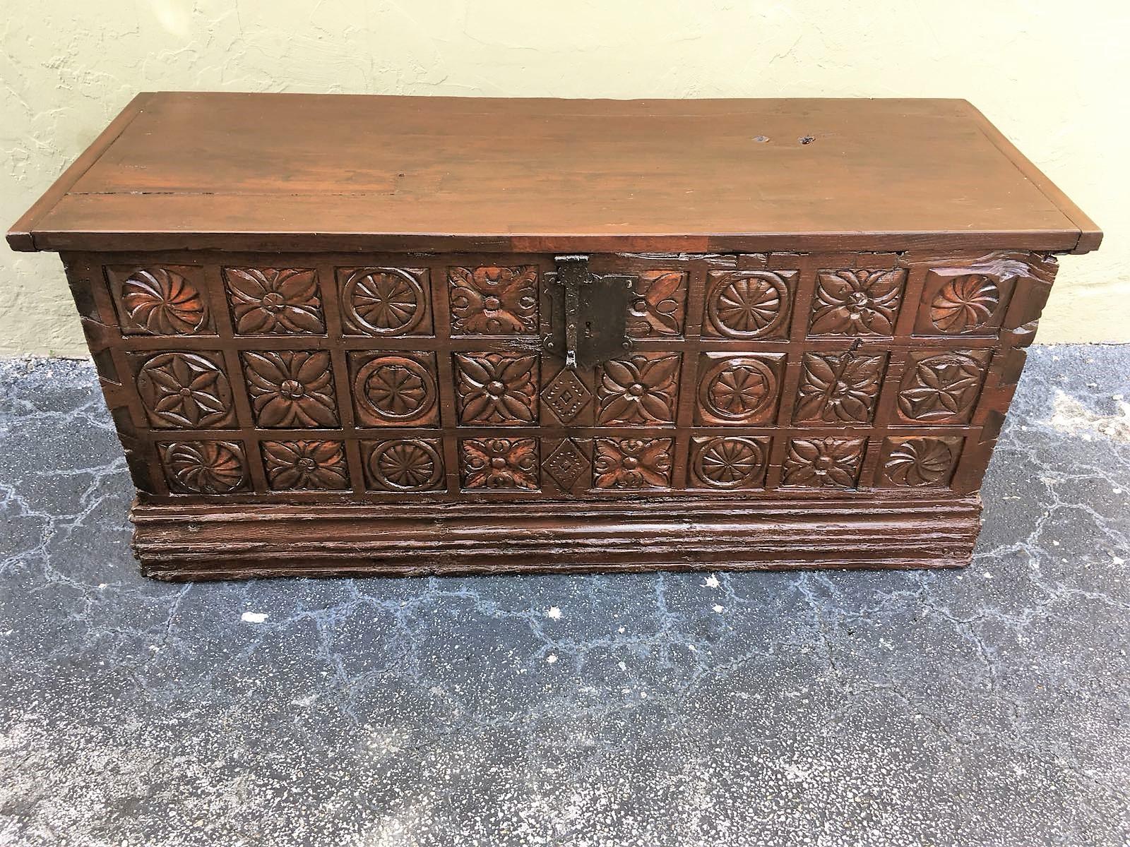 Iron 17th Century Spanish Baroque Savoy Hand Carved Chest Trunk For Sale