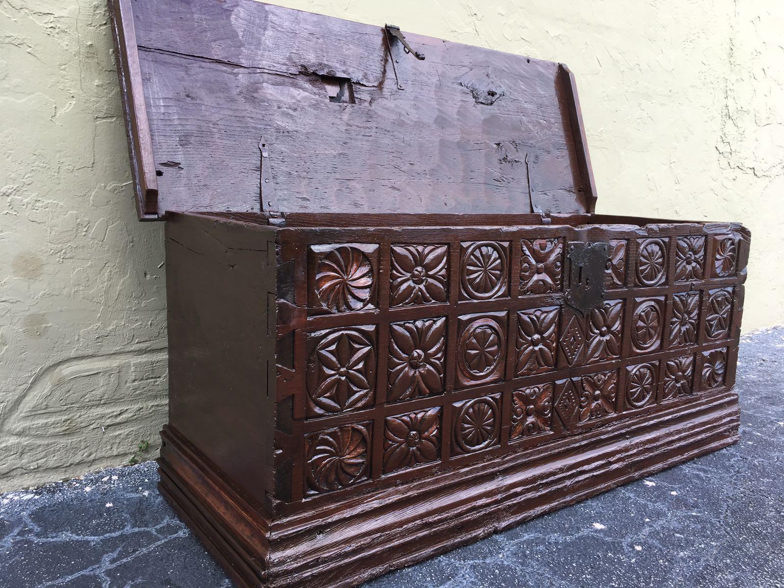 17th Century Spanish Baroque Savoy Hand Carved Chest Trunk For Sale 1
