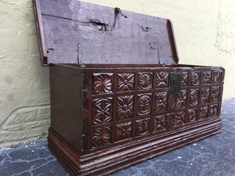 17th Century Spanish Baroque Savoy Hand Carved Chest Trunk For Sale 4