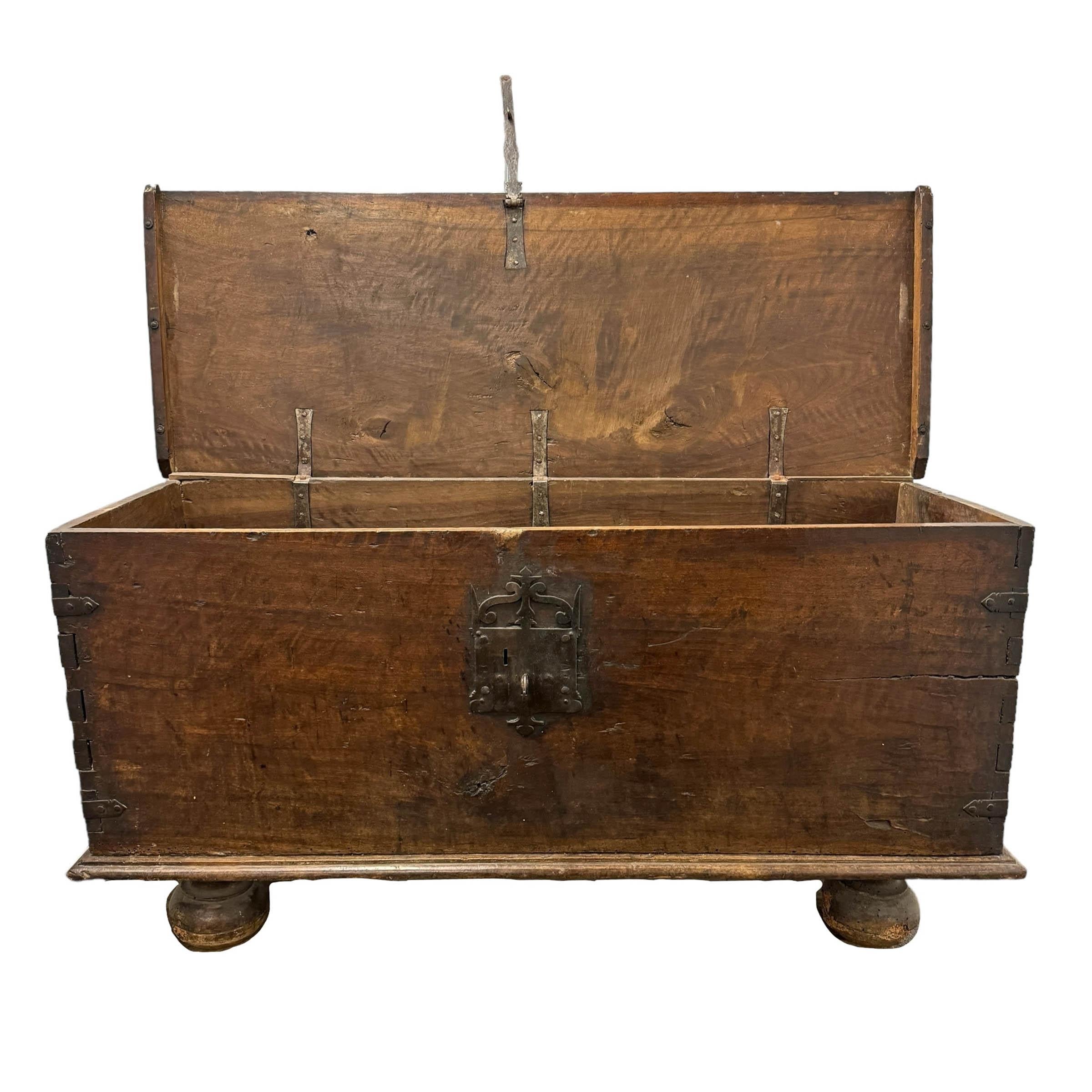 Wrought Iron 17th Century Spanish Baroque Walnut Trunk For Sale
