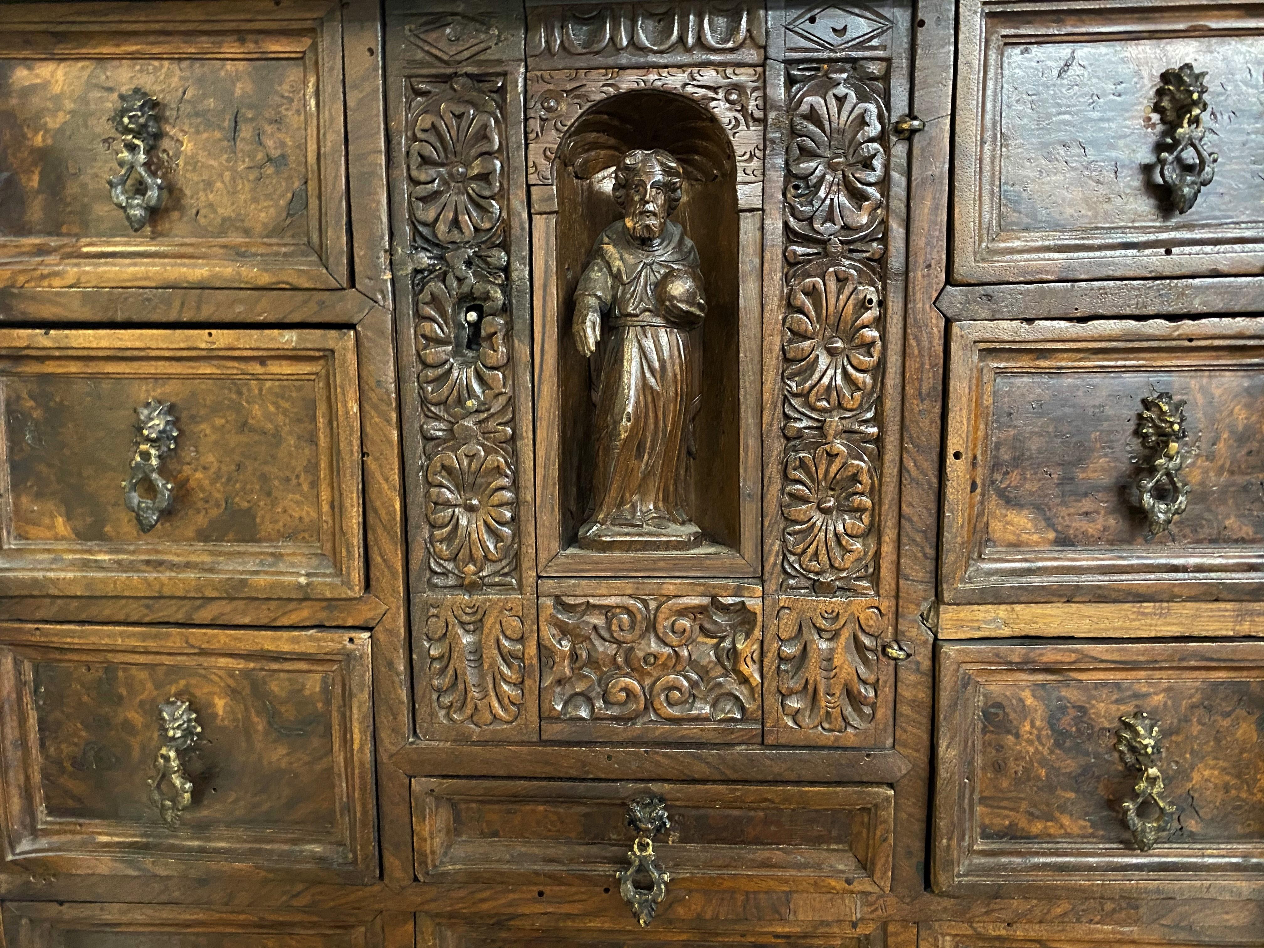 17th Century Spanish Burled Walnut Vargueno or Collectors Cabinet For Sale 5