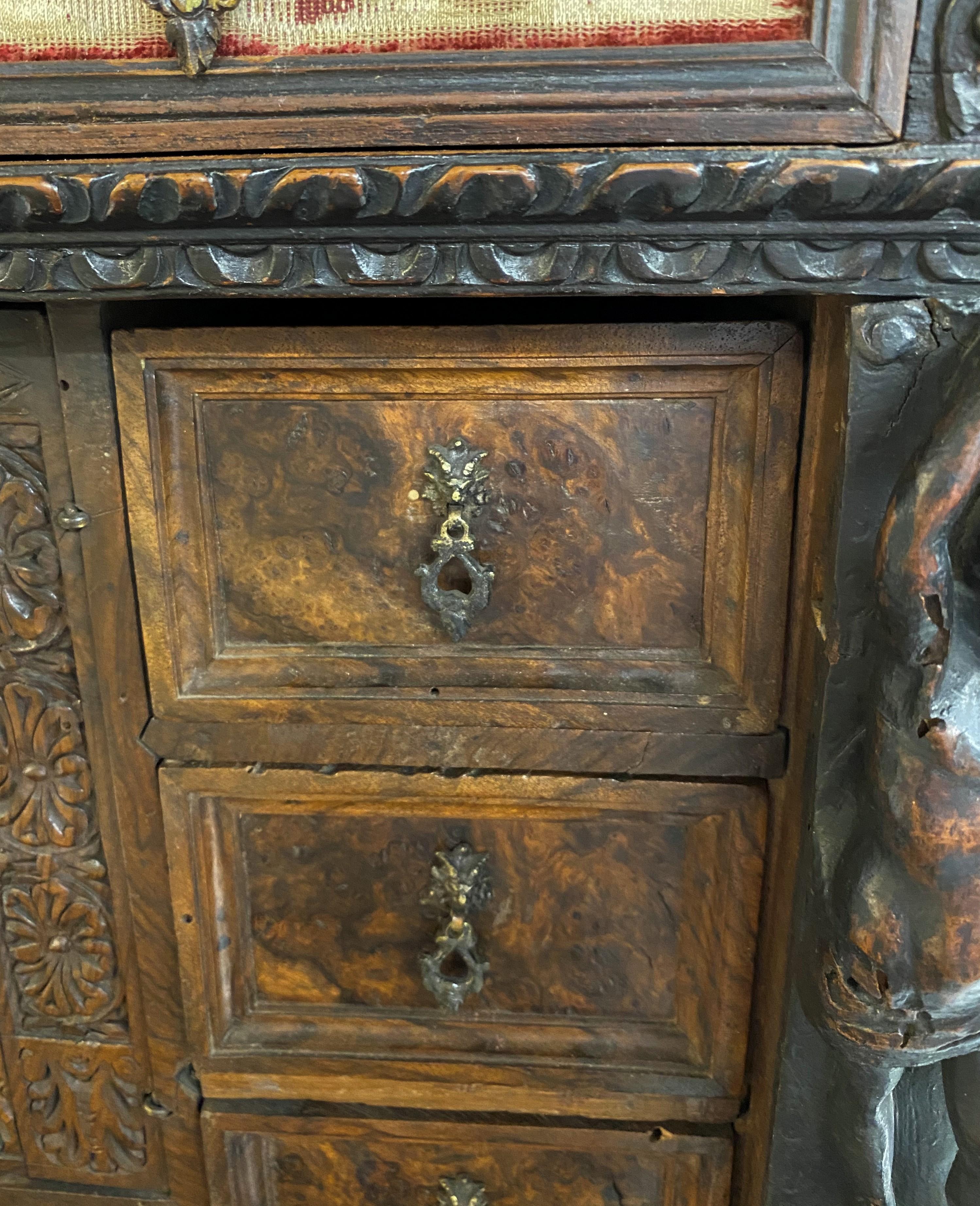 17th Century Spanish Burled Walnut Vargueno or Collectors Cabinet For Sale 9