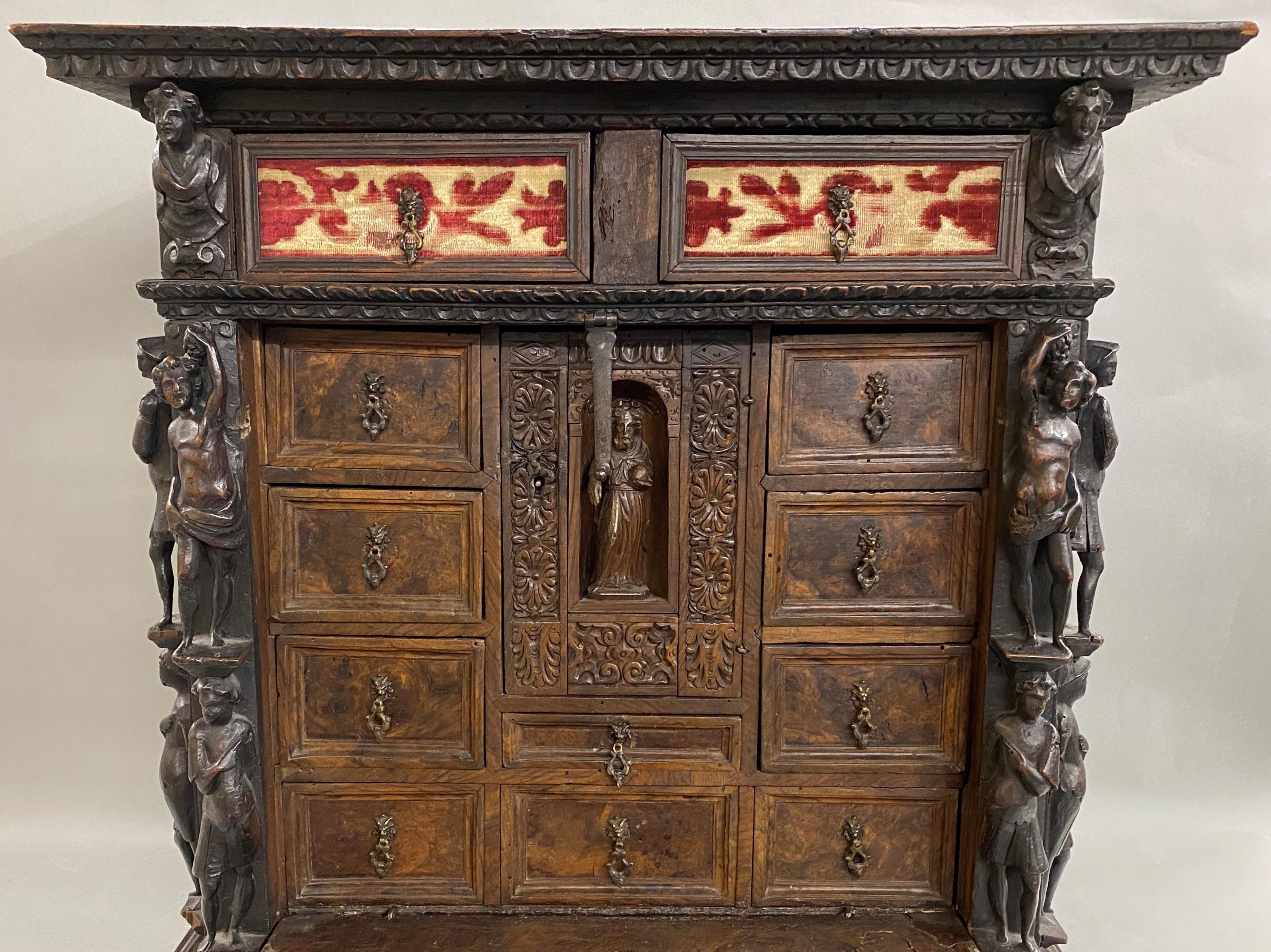 Hand-Carved 17th Century Spanish Burled Walnut Vargueno or Collectors Cabinet For Sale