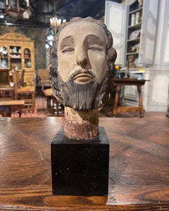 17th Century Spanish Carved Polychrome and Painted Bust of Christ on Stand