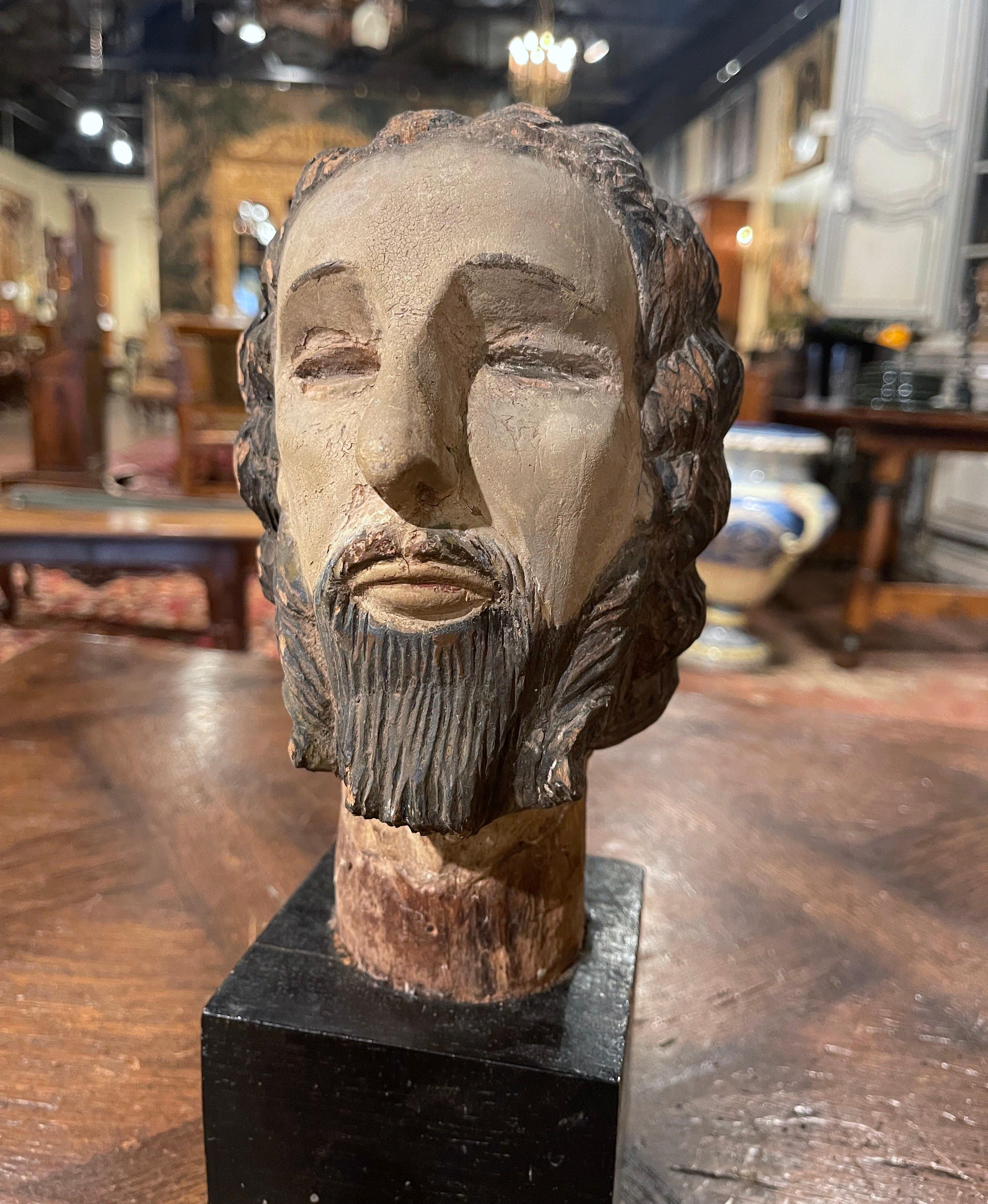 Hand-Carved 17th Century Spanish Carved Polychrome and Painted Bust of Christ on Stand For Sale