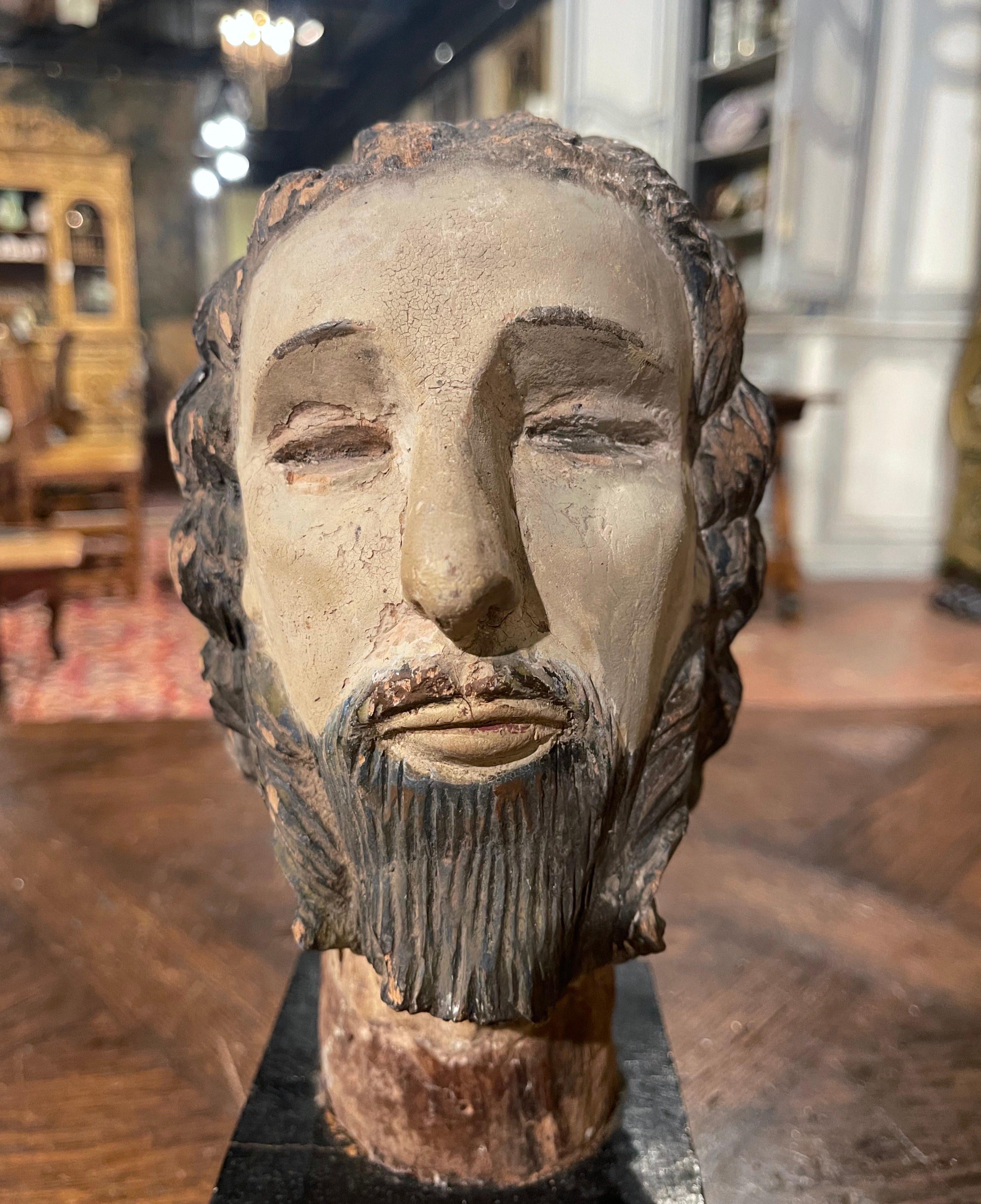 17th Century Spanish Carved Polychrome and Painted Bust of Christ on Stand In Excellent Condition For Sale In Dallas, TX