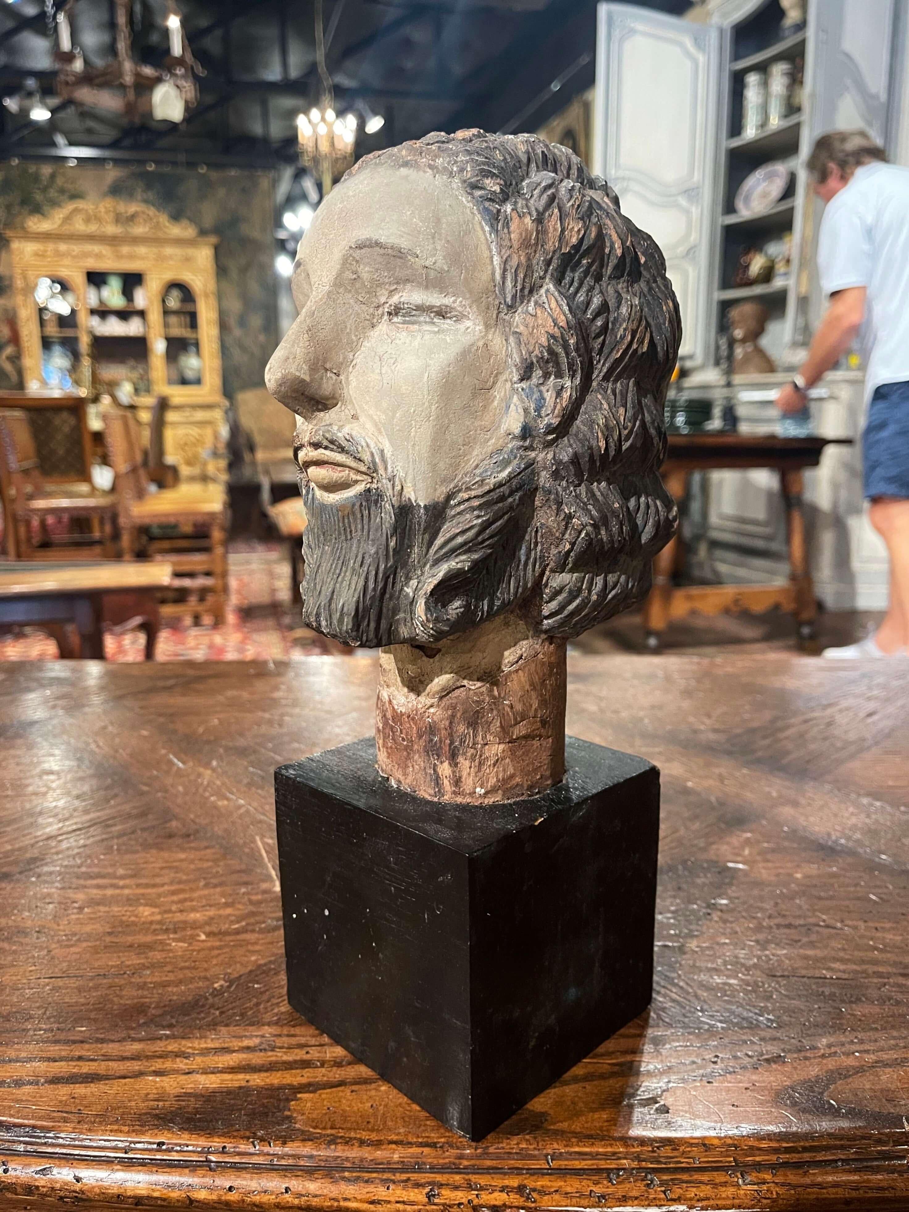 Gesso 17th Century Spanish Carved Polychrome and Painted Bust of Christ on Stand For Sale