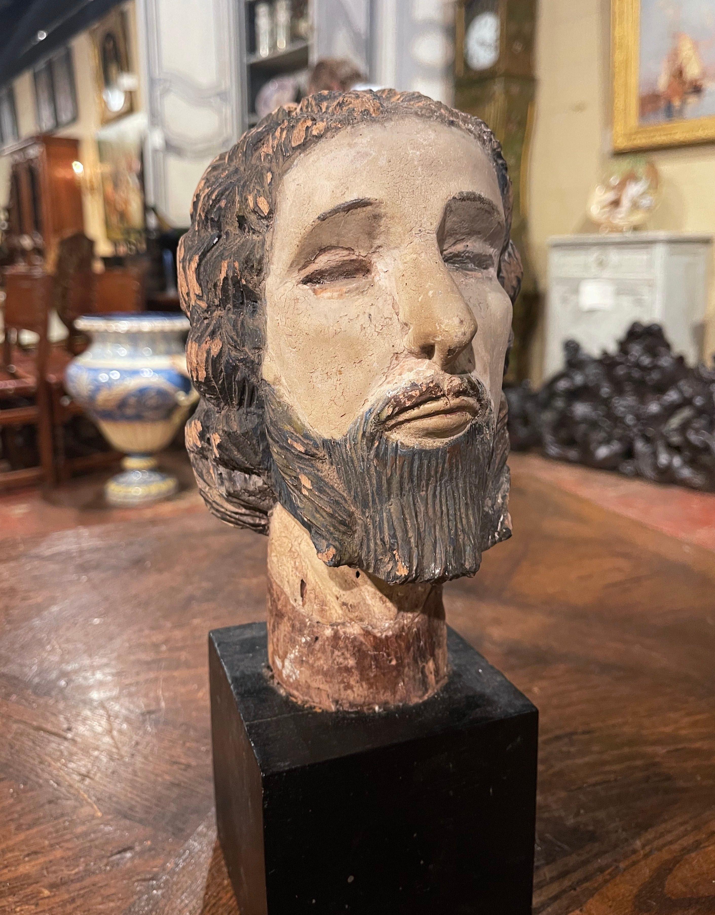 17th Century Spanish Carved Polychrome and Painted Bust of Christ on Stand For Sale 1