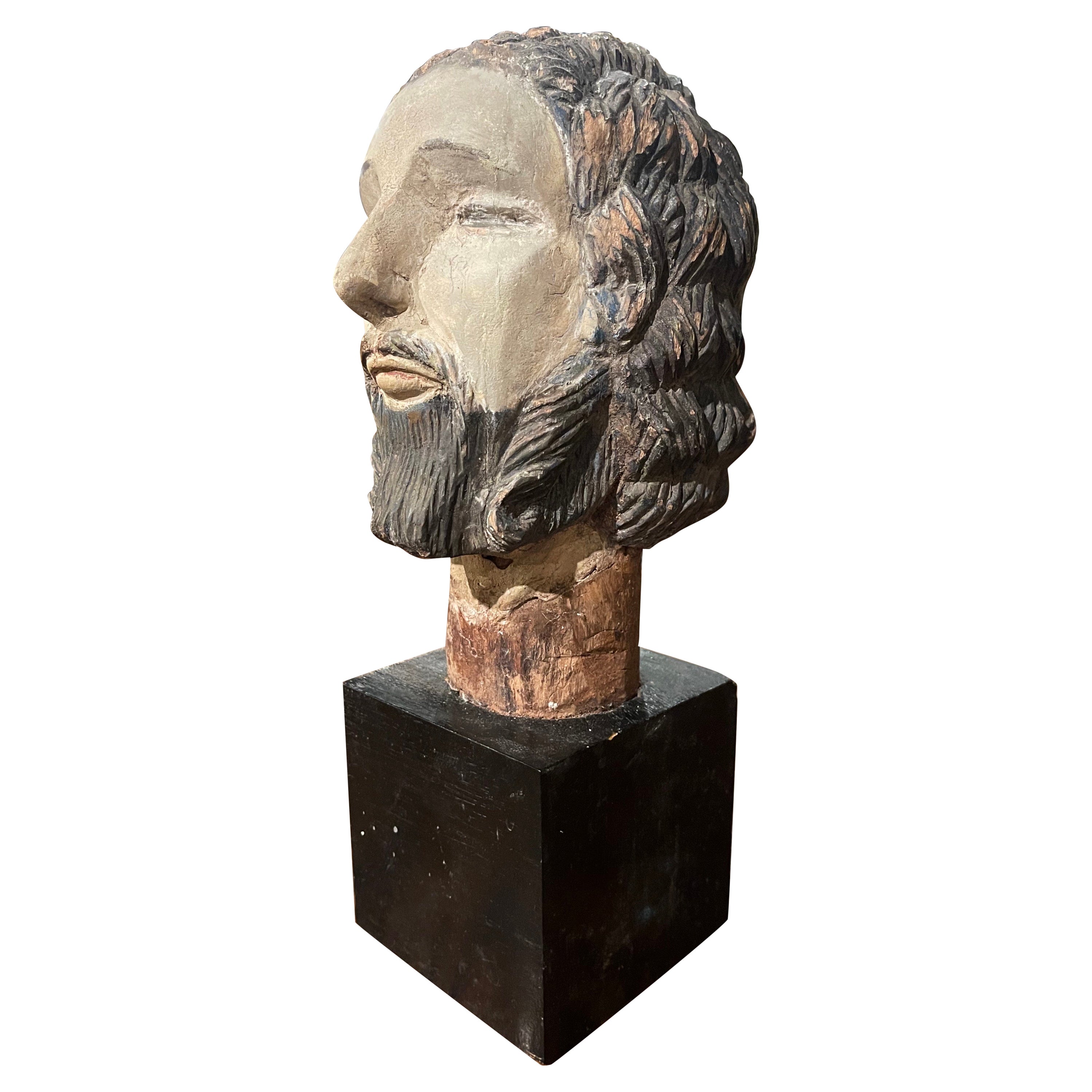 Buste de Christ polychrome et peint du 17e siècle sur Stand en Espagne