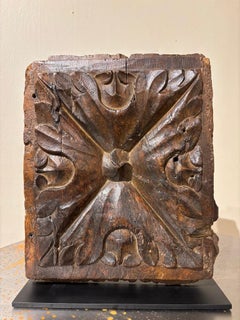 17th Century Spanish Carved Walnut Door Panel, Baroque, Hand-Carved, Steel Base