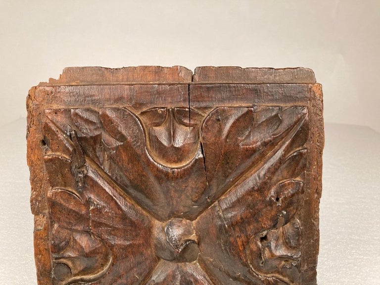 A really gutsy and interesting early 17th century carved wood panel. If this kind of thing appeals to you, it does to me, than this is a compelling example of early carving and the patina that only comes from age and use. This panel was a door to a