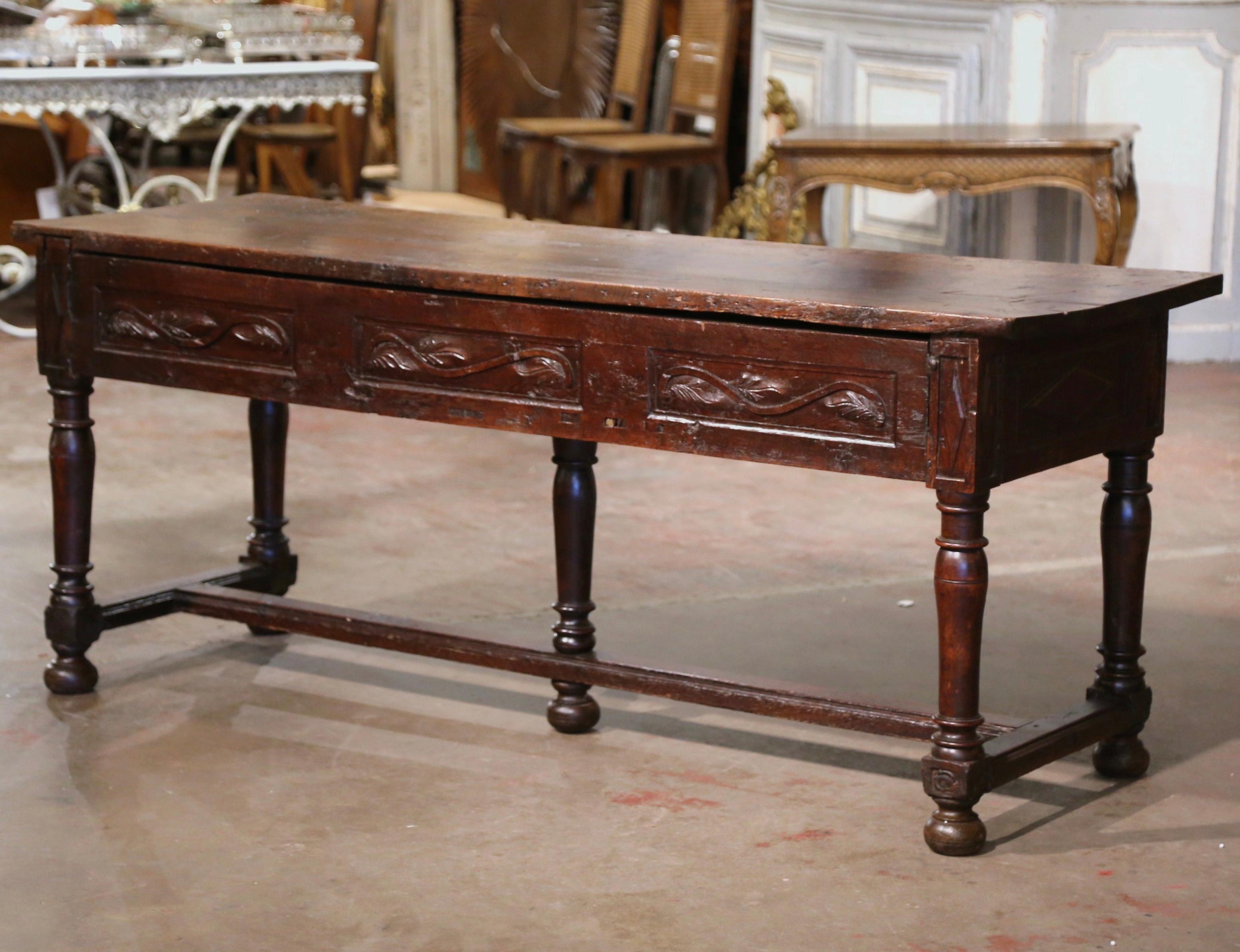 17th Century Spanish Carved Walnut Five-Leg Single Plank Top Console Table  For Sale 8