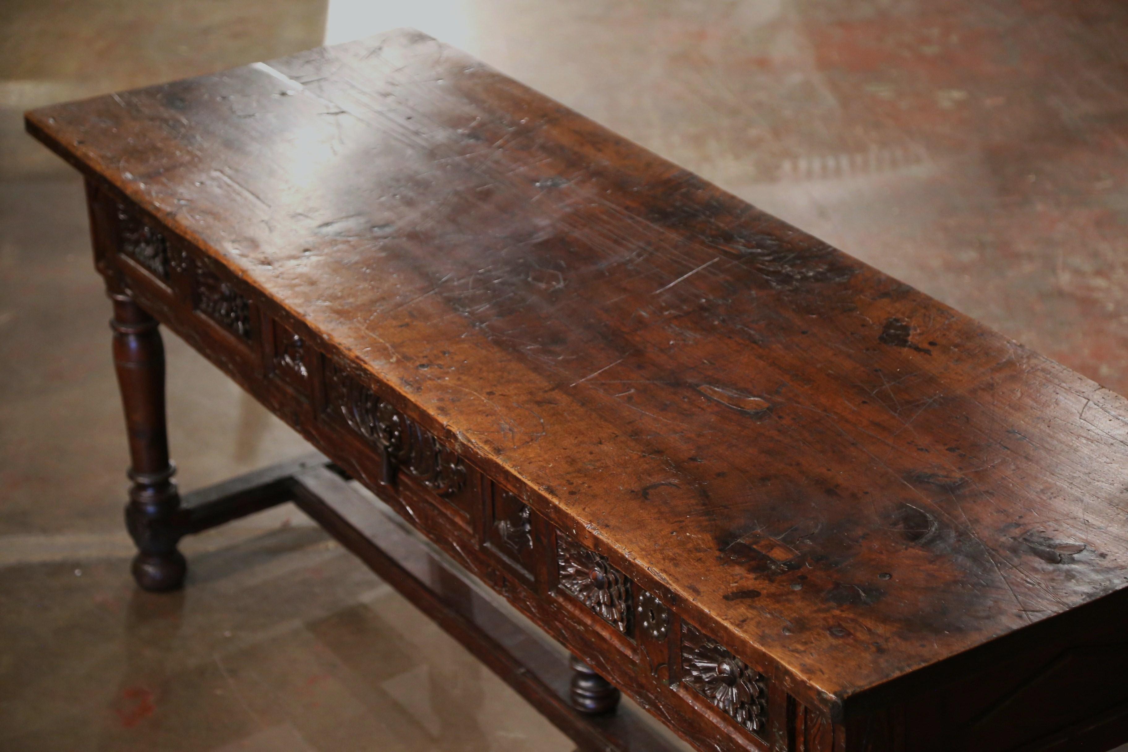 Louis XIII 17th Century Spanish Carved Walnut Five-Leg Single Plank Top Console Table  For Sale