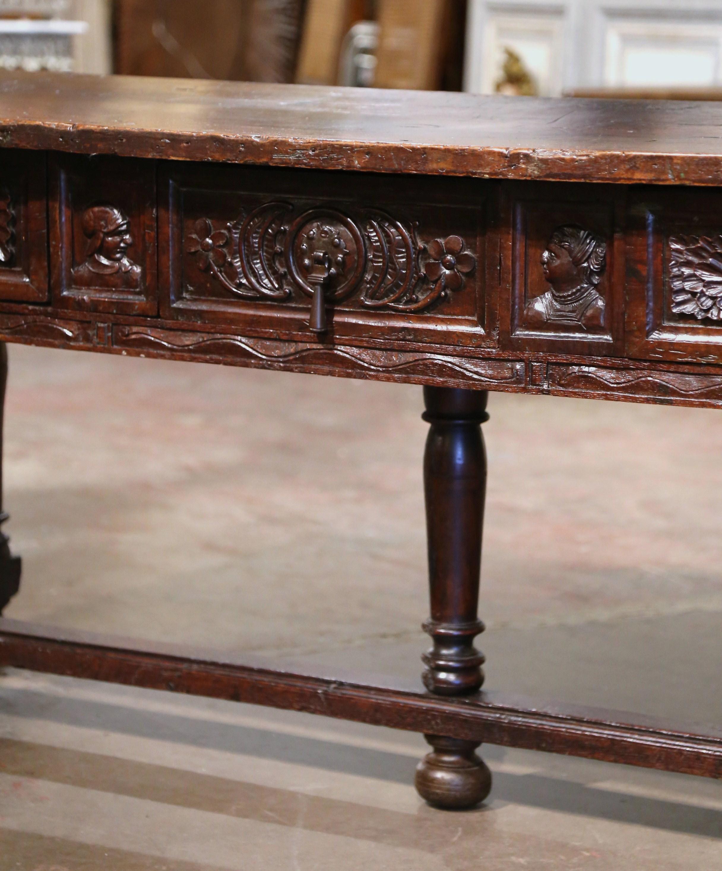 Hand-Carved 17th Century Spanish Carved Walnut Five-Leg Single Plank Top Console Table  For Sale