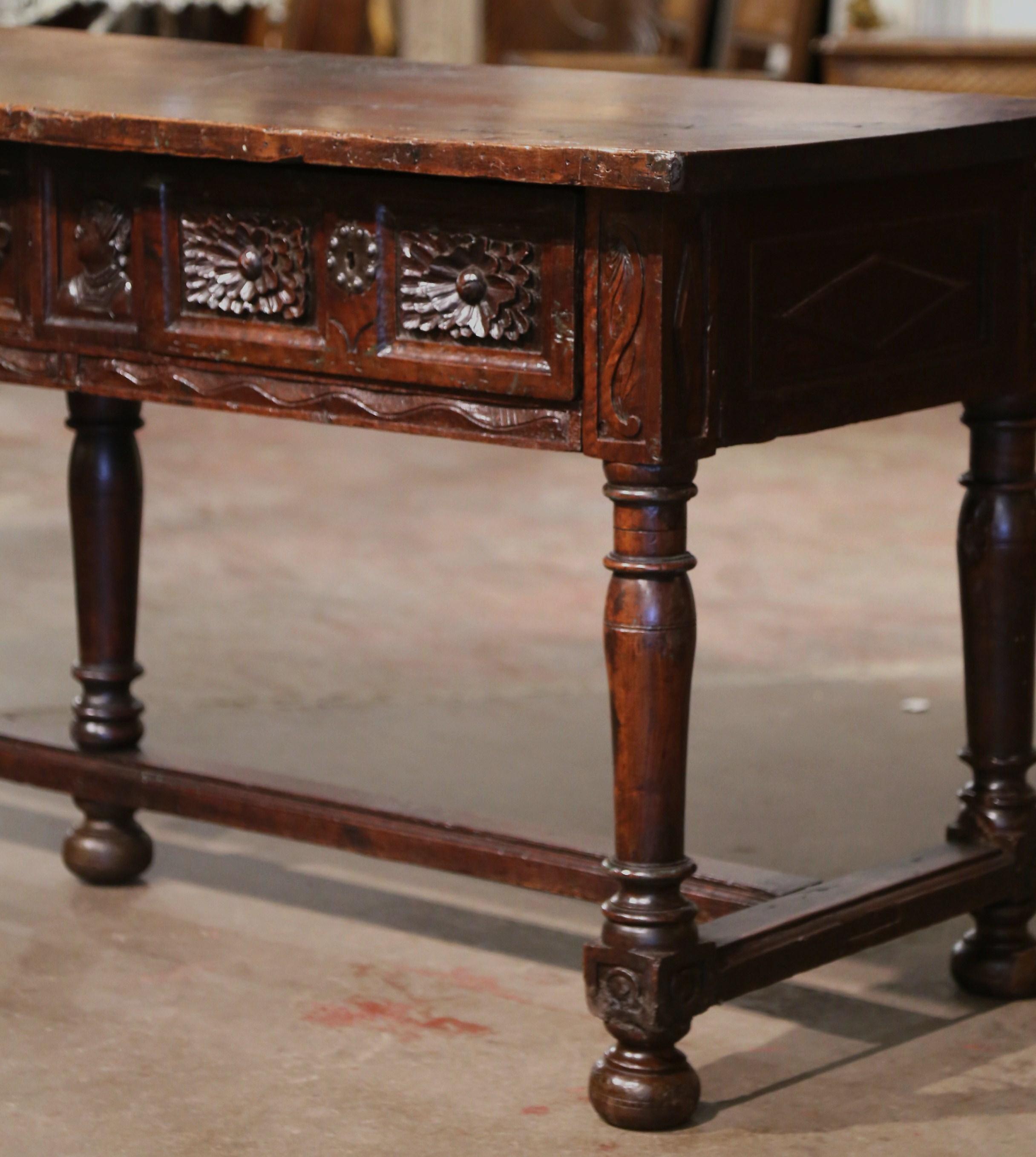 17th Century Spanish Carved Walnut Five-Leg Single Plank Top Console Table  In Excellent Condition For Sale In Dallas, TX