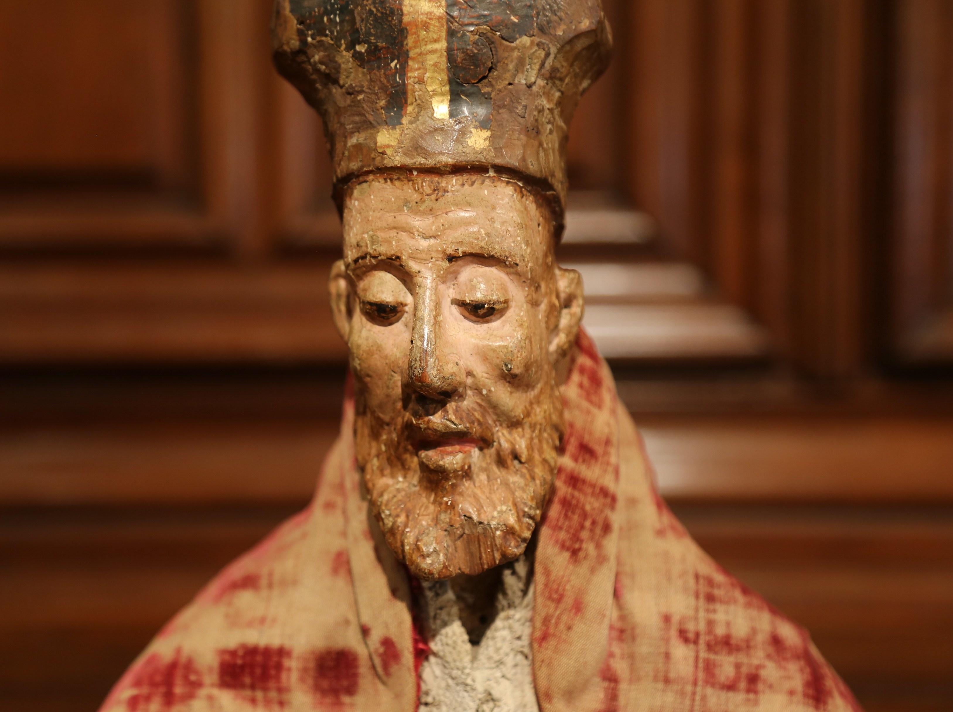 Hand-Carved 17th Century Spanish Carved Walnut Polychrome Bishop Bust with Velvet Cassock