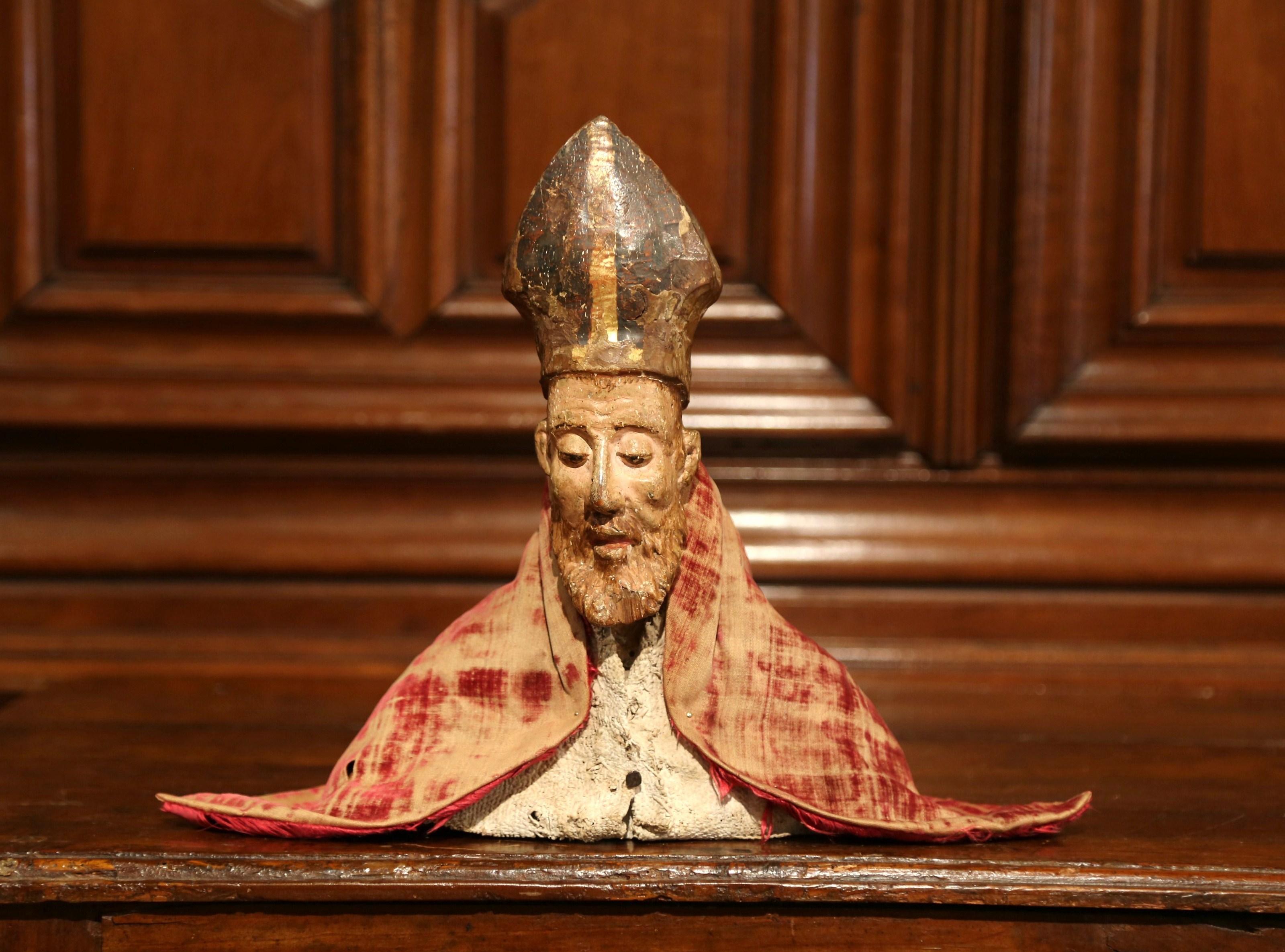 17th Century Spanish Carved Walnut Polychrome Bishop Bust with Velvet Cassock In Excellent Condition In Dallas, TX